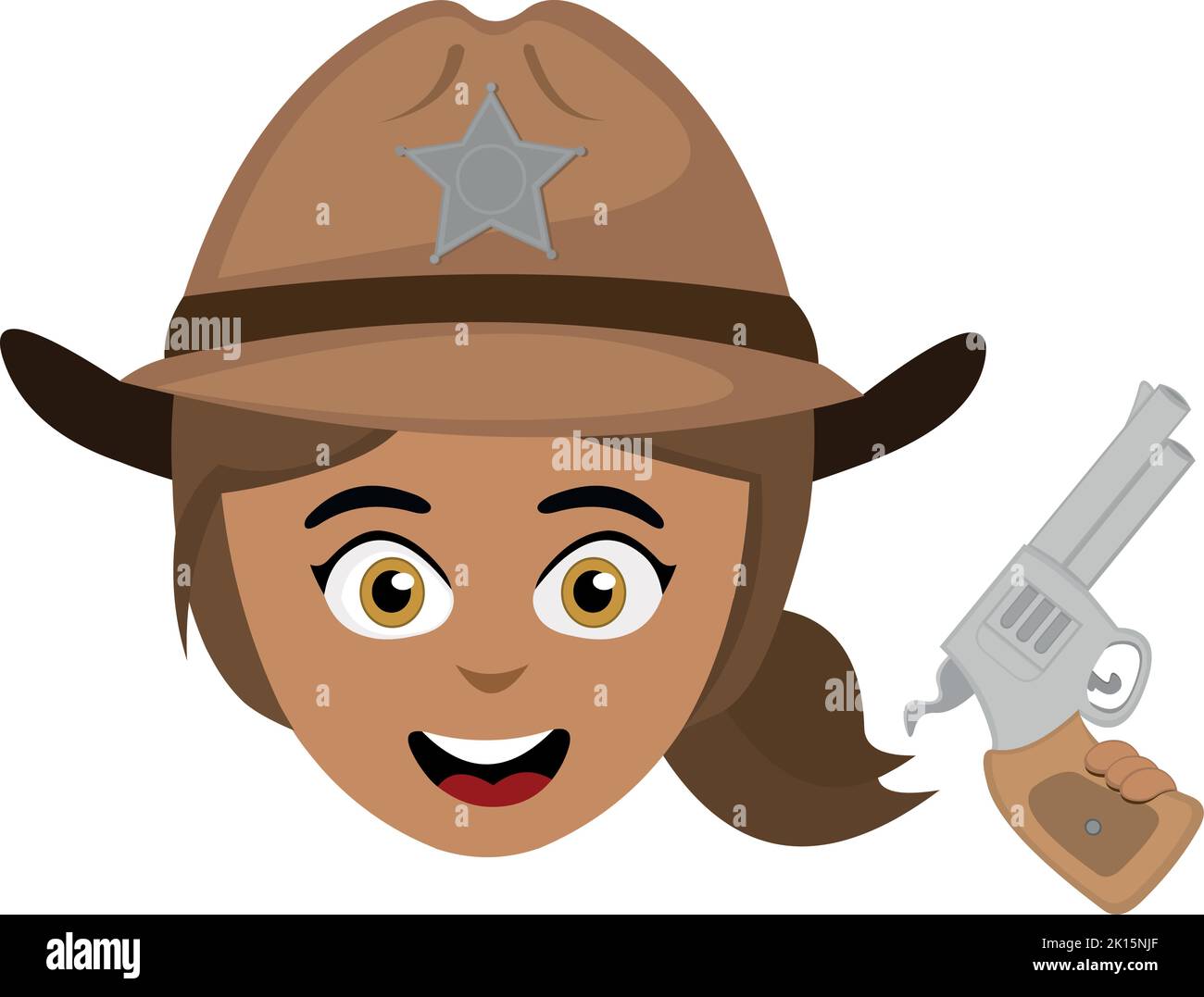 Vecteur émoticône illustration du visage d'une femme shérif de bande dessinée avec un chapeau et un fusil dans sa main Illustration de Vecteur