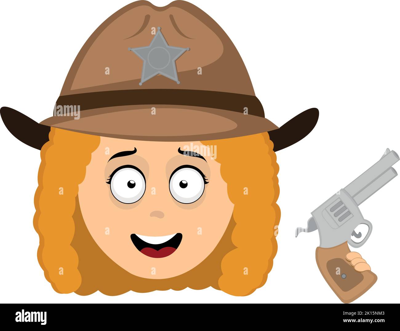 Vecteur émoticône illustration du visage d'une femme shérif de bande dessinée avec un chapeau et un fusil dans sa main Illustration de Vecteur