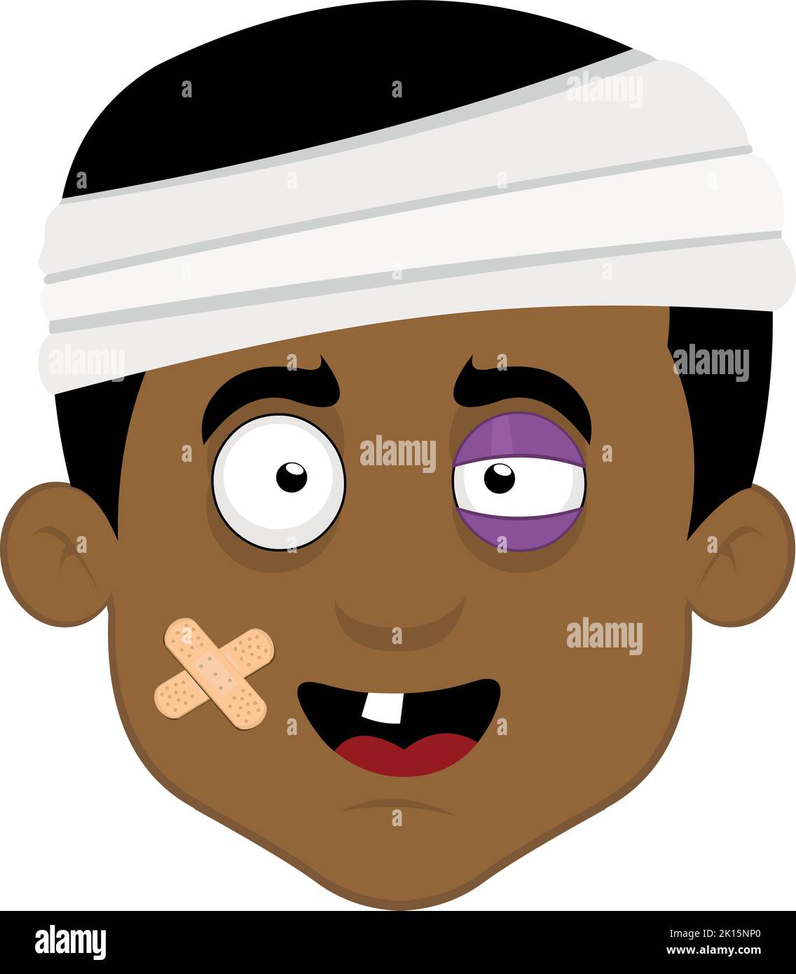 Illustration vectorielle de la tête d'un homme blessé, avec un bandage sur sa tête, un œil noir, des bandes adhésives sur son visage et une dent unique Illustration de Vecteur