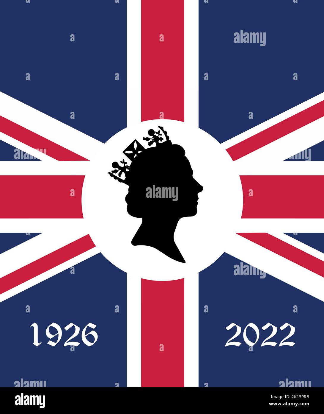 Londres, Londres, Angleterre 09.15.2022 bannière verticale mort Queen Elizabeth Side profil des jeunes dans la couronne sur le drapeau britannique obsèques décision 70 année 1926 t Banque D'Images