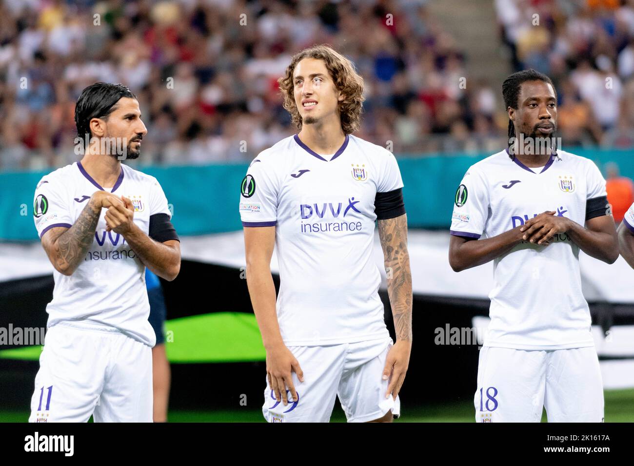 Bucarest, Roumanie. 16th septembre 2022. 16 septembre 2022: Lior Refaelov #11 du RSC Anderlecht, Fabio Silva #99 du RSC Anderlecht et Majeed Akimeru #18 du RSC Anderlecht pendant le match de groupe B de la Ligue de conférence de l'UEFA Europa entre la FCSB Bucarest et le RSC Anderlecht au stade national Arena de Bucarest, Roumanie ROU. Catalin Soare/Cronos crédit: Cronos/Alamy Live News Banque D'Images