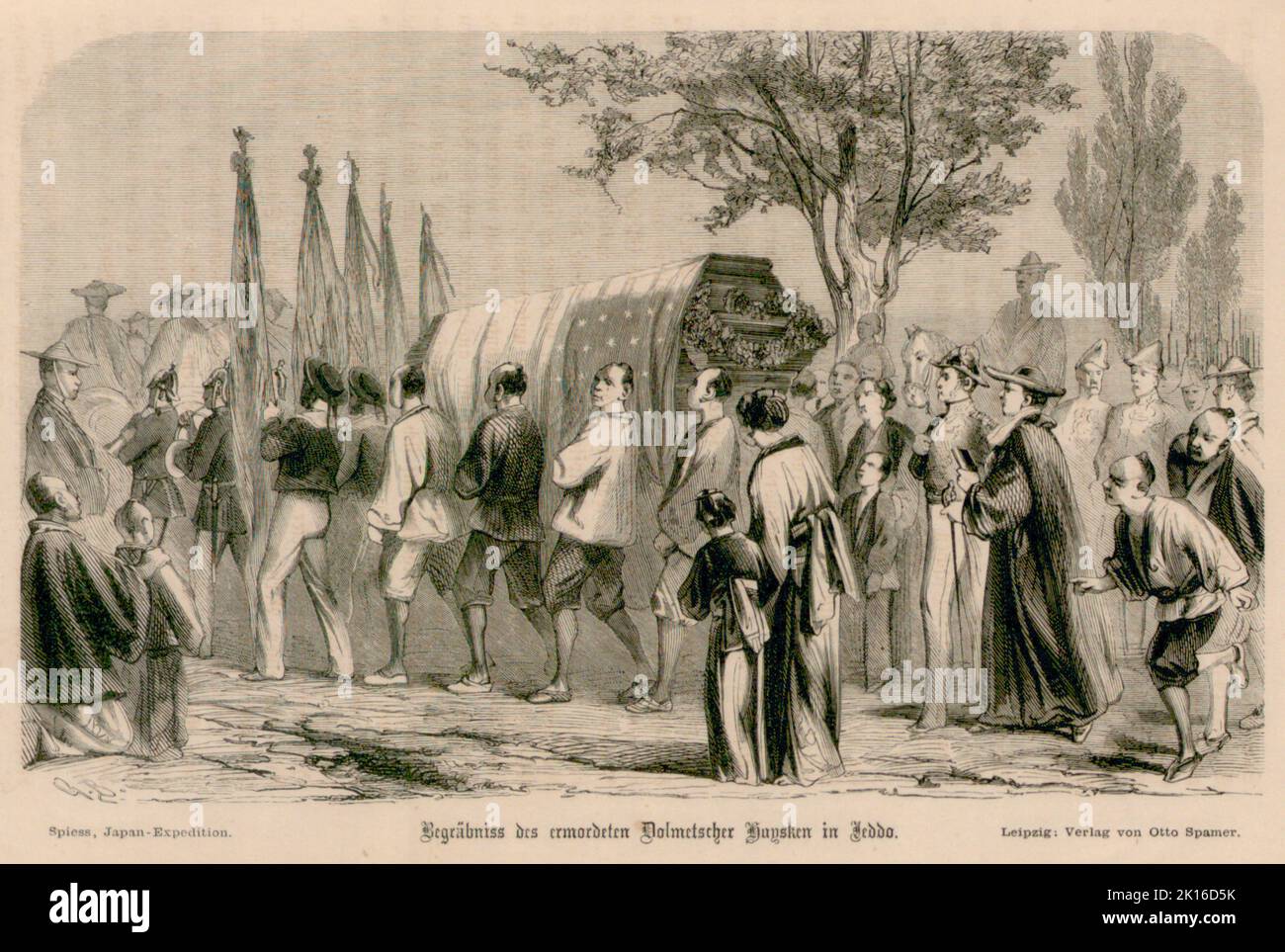 Procession funéraire de Hendrick Conrad Joannes Heucken (1832-1861). Il a été un interprète hollandais-américain pour le premier consulat américain au Japon, à la fin de la période Edo (Bakumatsu). Sur 14 janvier 1861, il a été attaqué par sept shishi du domaine de Satsuma, y compris Shōuhei Imuta et est mort. Banque D'Images