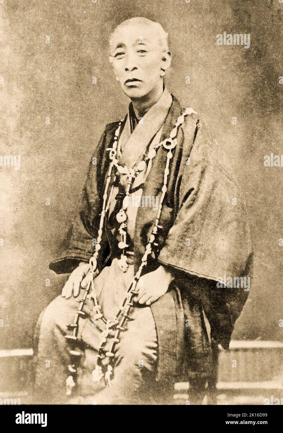 Portrait de Matsuura Takeshirō (1818 -1888), explorateur japonais, cartographe, écrivain, peintre, Prêtre, et antiquaire, un fonctionnaire de la Commission de développement de Hokkaidō au début de la période Meiji. Il a étudié Ezo (aujourd'hui Hokkaido) et inventé le nom 'Hokkaido', et a fait des recherches sur les peuples et la culture Ainu. Banque D'Images