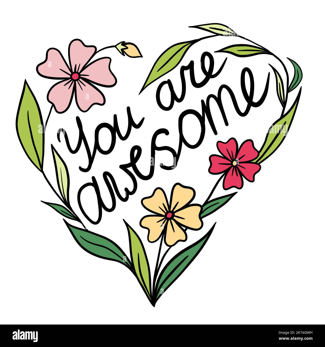 Illustration de forme de coeur avec des fleurs vous êtes un mot impressionnant. Motif floral noir ligne contour pour les cartes d'affiche avec amour St Valentin feuilles fleur Marguerite, affirmation de motivation Banque D'Images