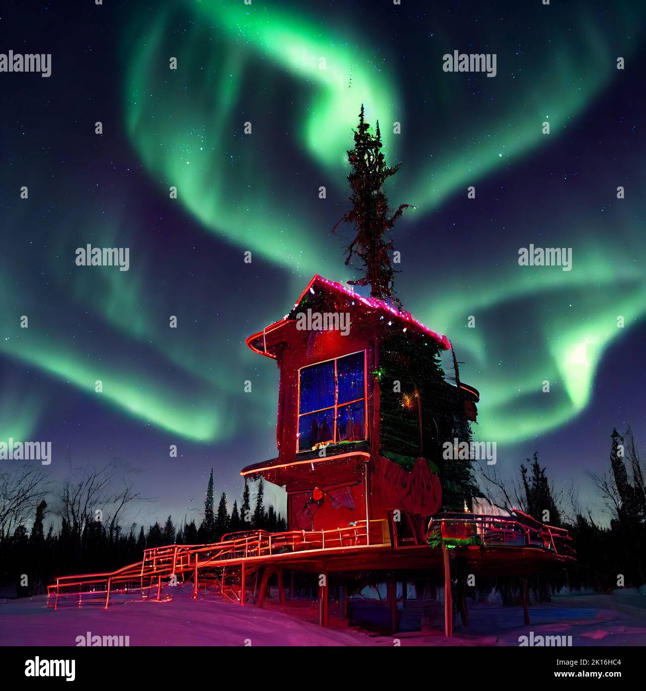 Maison du Père Noël au pôle Nord, belles décorations et lumières du Nord illuminant dans le ciel Banque D'Images