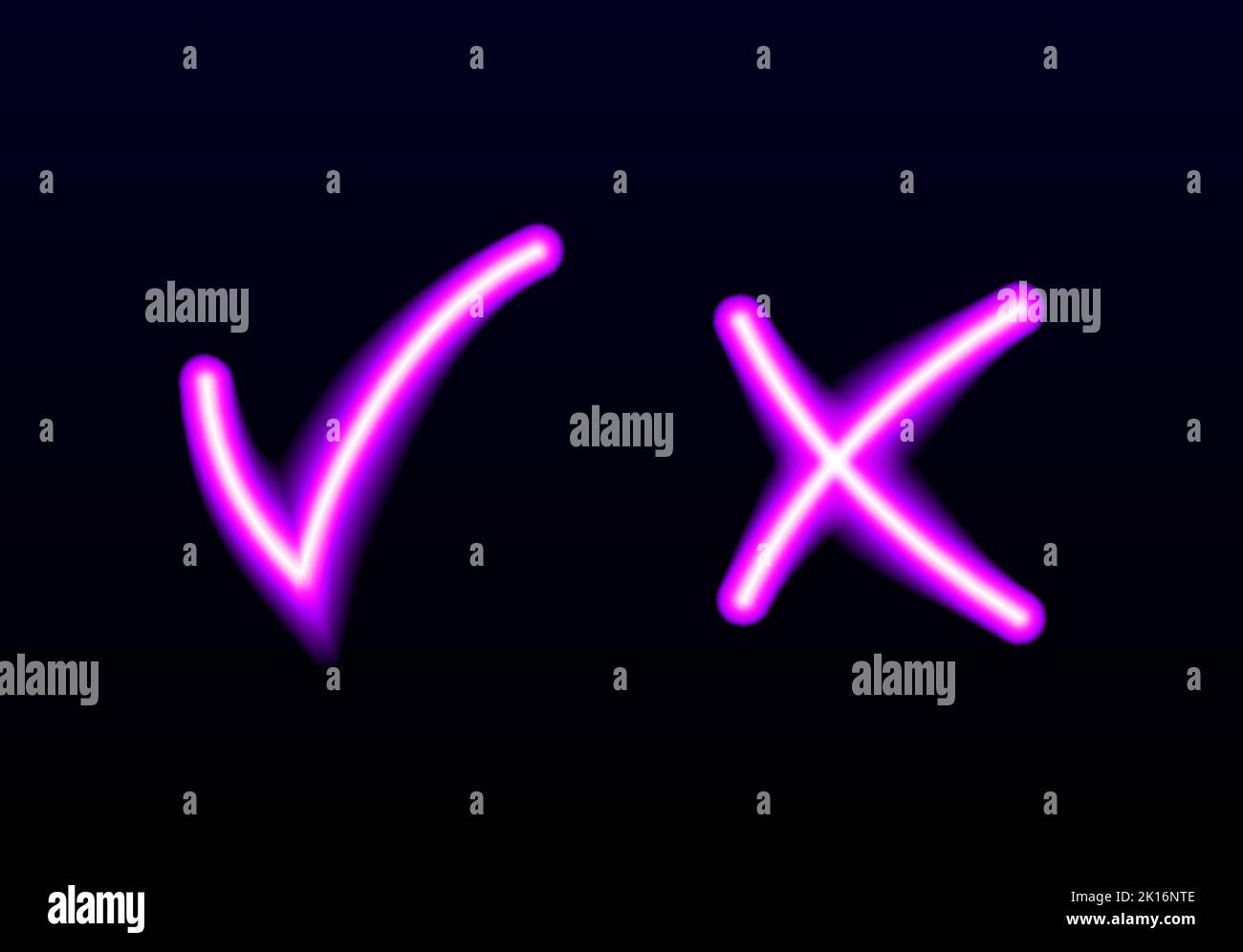 Néon lumineux oui et pas de coches. Vérifier les signes de brillance et de croisement. Voter approuver et rejeter les icônes lumineuses. Emblèmes X et V. Illustration de Vecteur