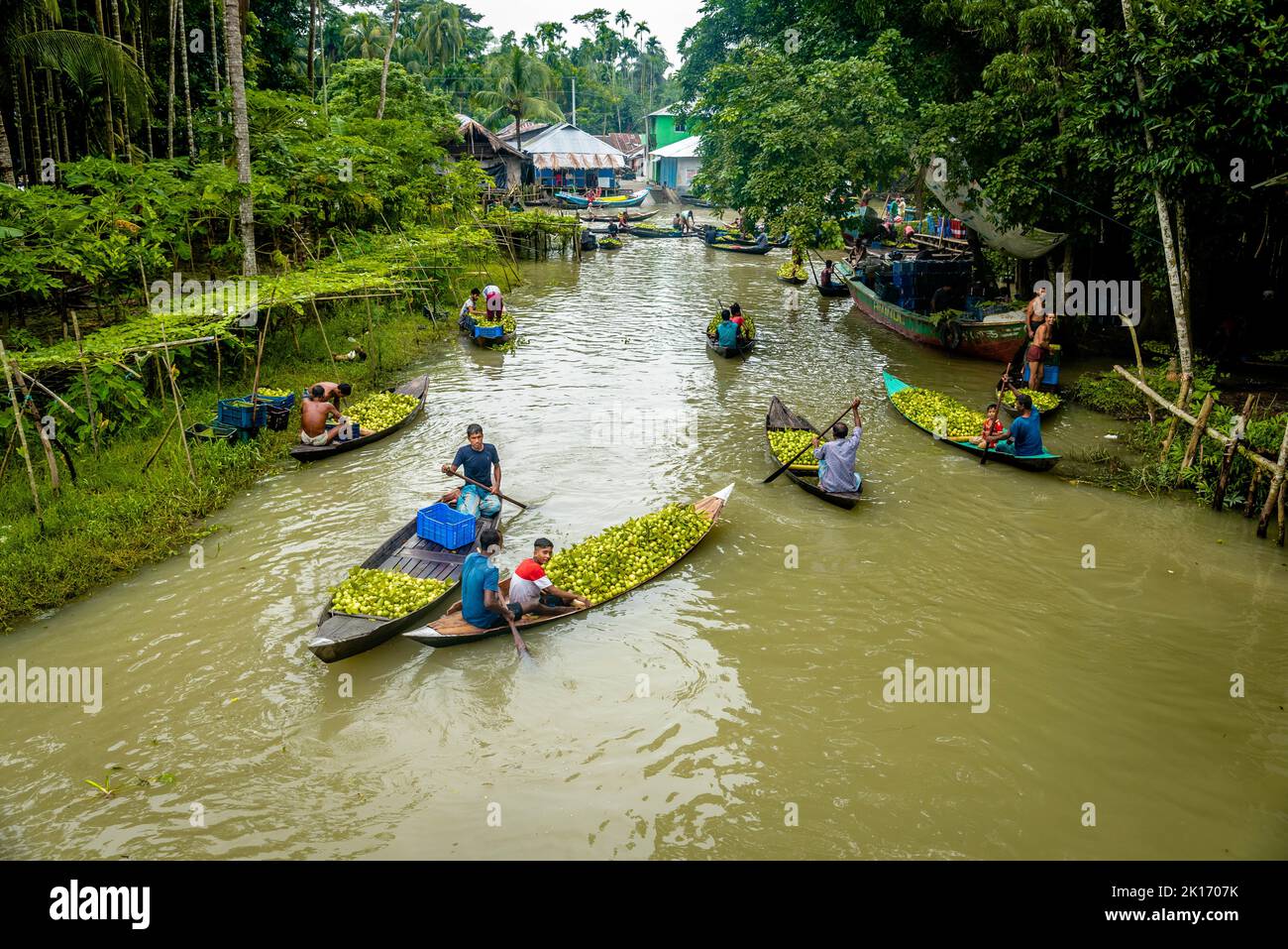 Barishal, Bangladesh. 16th septembre 2022. Parmi les choses les plus fascinantes de la région sud du Bangladesh se trouve le magnifique marché flottant de Guava de Swarupkathi de Pirojpur dans la division Barishal. La goyave a été un succès culinaire avec la localité et sa renommée s'est progressivement répandue à travers le pays. Aujourd'hui, la goyave est cultivée dans cinq unions de Swarupkathi sur 640 hectares de terres. Depuis plus de 100 ans, les agriculteurs locaux connaissent les hauts et les bas de la vie ainsi que le reflux et le débit de la rivière. De nombreux agriculteurs et grossistes se rassemblent ici chaque jour. Banque D'Images