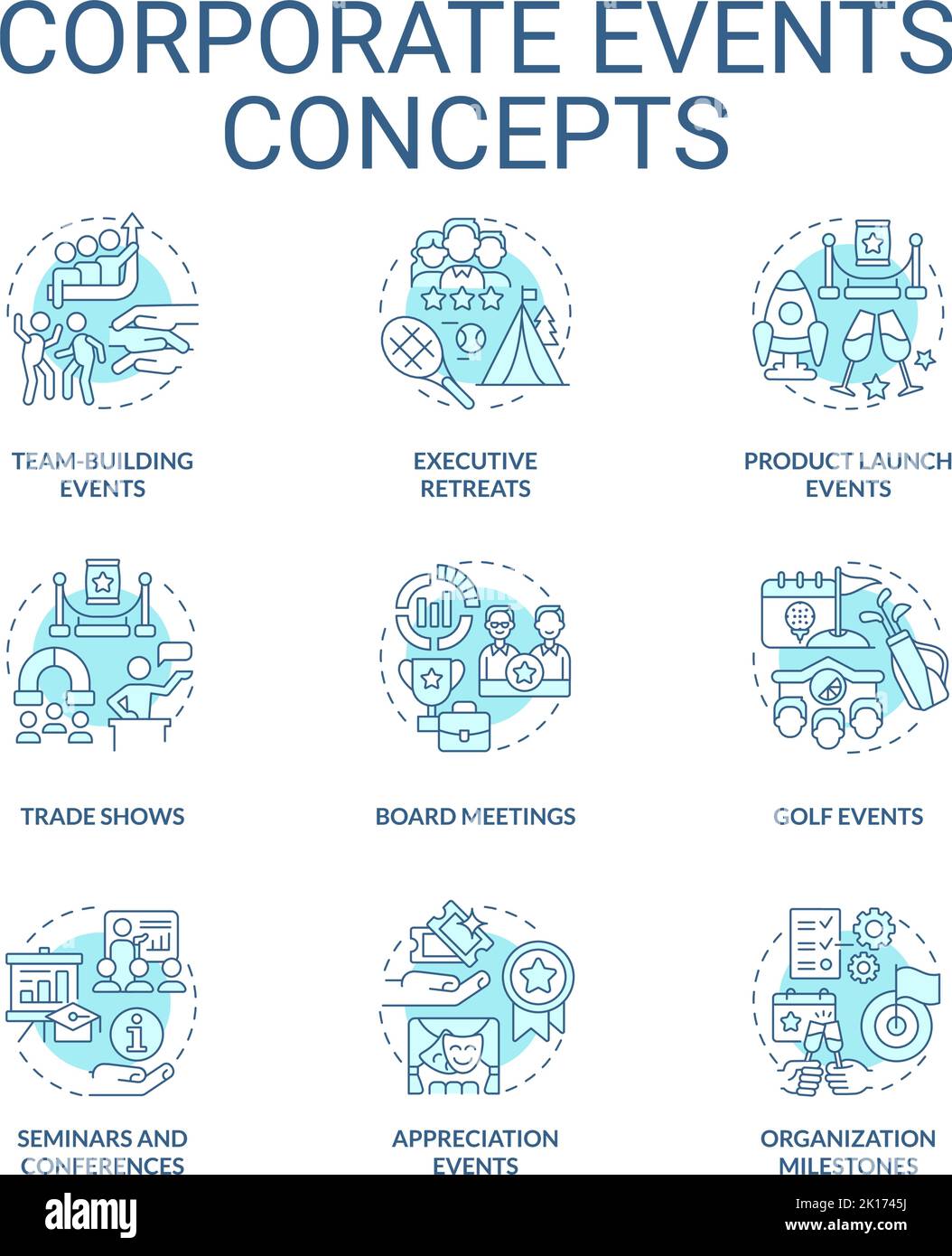 Jeux d'icônes de concept turquoise pour événements d'entreprise Illustration de Vecteur