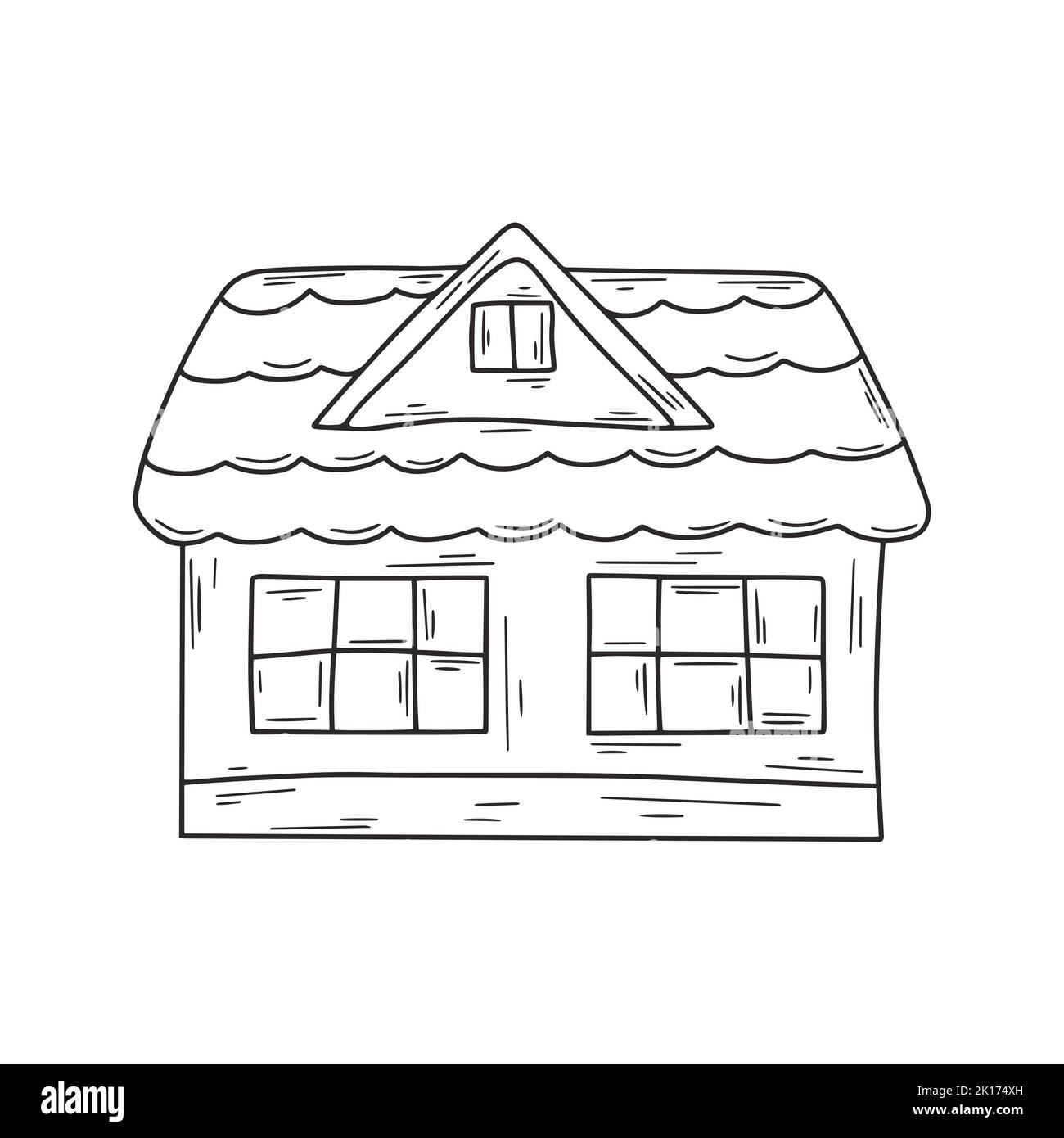 Maison de village en bois avec un grenier esquisse noire sur fond blanc Illustration de Vecteur