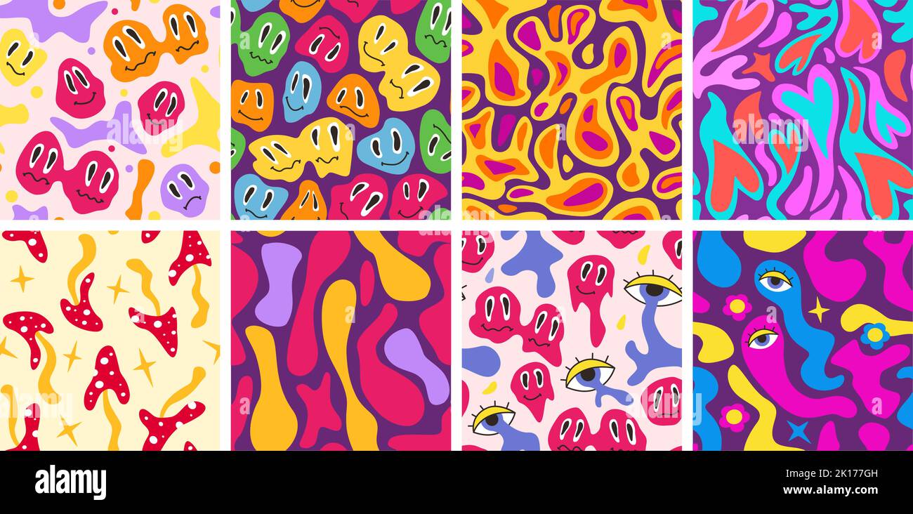 Modèles de lampes LAVA. Visages rétro, liquide à bulles psychédéliques, cœurs et champignons hippie. Fond vectoriel sans couture vintage Illustration de Vecteur