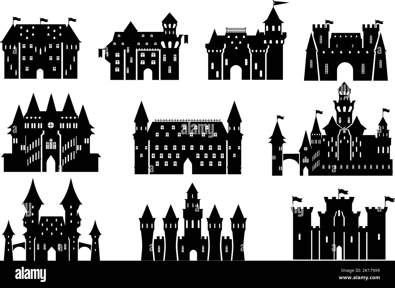 Silhouettes de château. Façade de la tour royale, palais du royaume médiéval et ancienne forteresse stencil illustration vectorielle ensemble Illustration de Vecteur