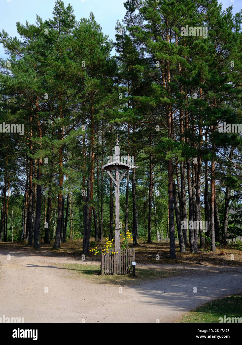 Wayside Catholic Cross, sur le village polonais Wdzydze Kiszewskie, Pologne, Europe. Banque D'Images