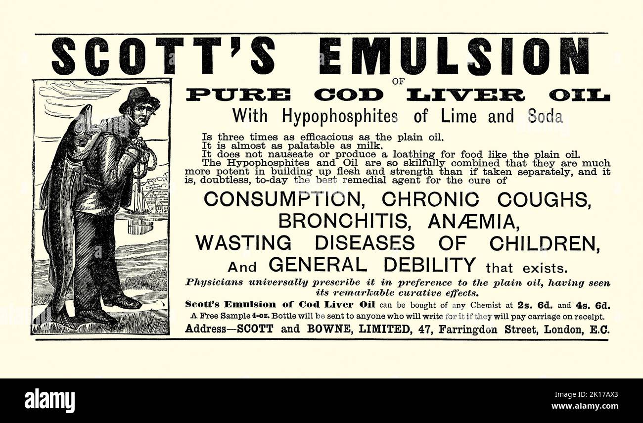Une vieille publicité victorienne pour l’émulsion de Scott, faite d’huile de foie de morue, faite par Scott et Bowe de Farringdon Lane, Londres, Angleterre, Royaume-Uni. Il est d'un magazine de 1890. L'huile de foie de morue est un supplément alimentaire dérivé du foie de poisson de morue. Comme pour la plupart des huiles de poisson, il contient les acides gras oméga-3, l'acide eicosapentaenoique (EPA) et l'acide docosahexaénoïque (DHA), ainsi que les vitamines A et D. historiquement, il a été administré aux enfants parce que la vitamine D avait été démontrée pour prévenir des maladies infantiles comme le rachitisme (conséquence d'une carence en vitamine D), décrit comme «l'émaciation des maladies des enfants» – 1800s anciens graphiques. Banque D'Images