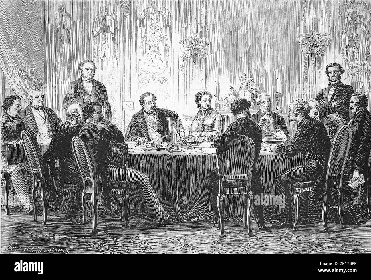 ein Treffen der Minister im Palais de Fontainebleau, Ministerrat, Sitzung, 1869, Frankreich / une réunion des ministres au Palais de Fontainebleau, Conseil des ministres, réunion, 1869, France, Historisch, digital restaurierte Reproduktion einer Originalvorlage aus dem 19. Jahrhundert, genaues Originaldatum nicht bekannt / historique, numérique reproduction améliorée d'un original du 19th siècle, Banque D'Images