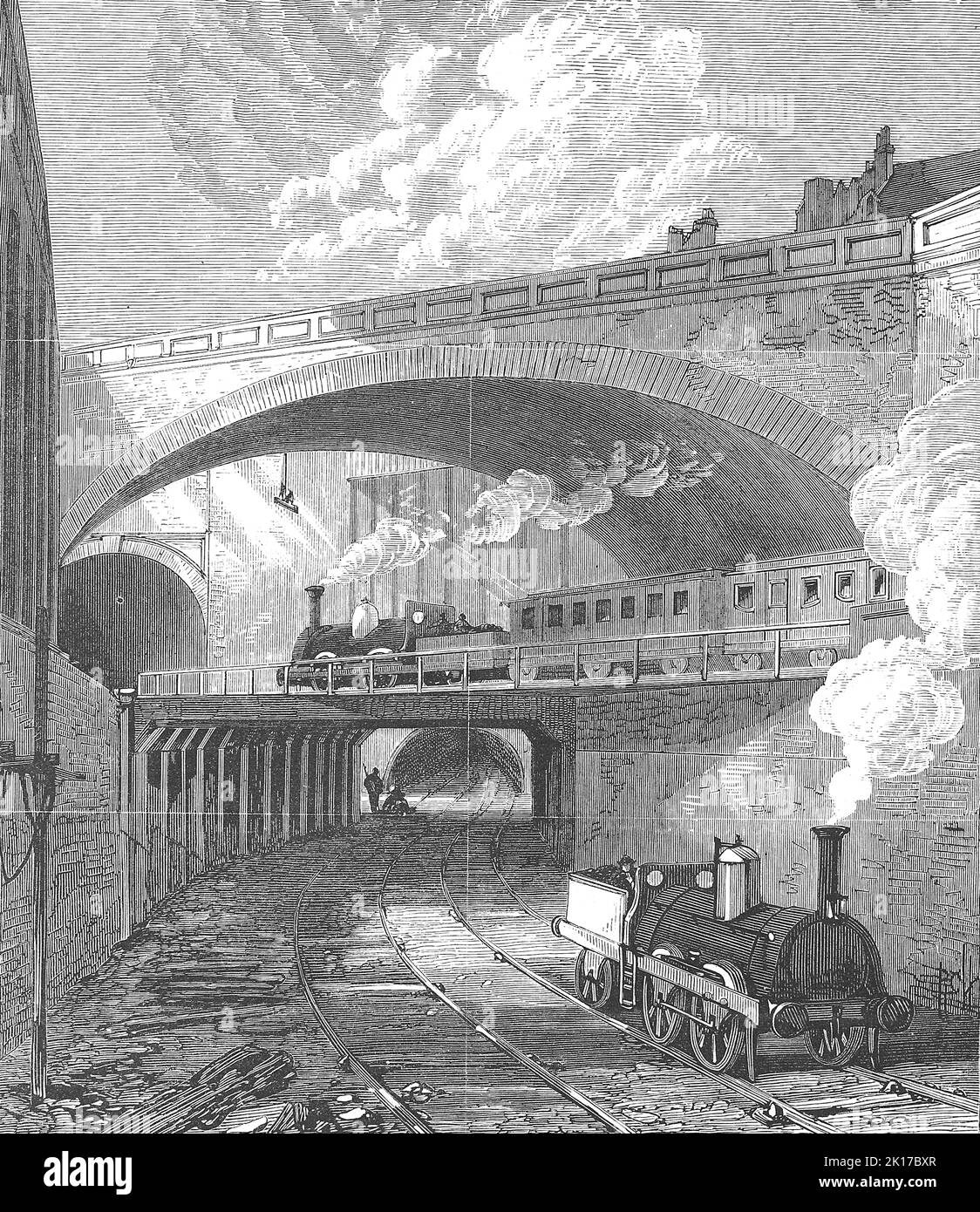 Die Metropolitan Railway im Jahre 1869, Eisenbahn, hier Die Station Farringdon à Londres, Angleterre / le Metropolitan Railway en 1869, chemin de fer, ici la gare Farringdon à Londres, Angleterre, Historisch, digital reproduktion einer Originalvorlage restaurateurs dem 19. Jahrhundert, genaues Originaldatum nicht bekannt / historique, numérique reproduction améliorée d'un original du 19th siècle, Banque D'Images