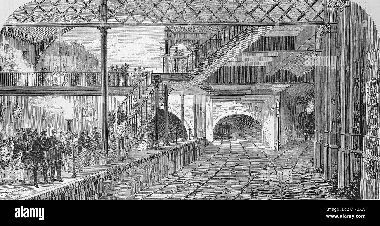 Die Metropolitan Railway im Jahre 1869, Eisenbahn, hier die Station King's Cross à Londres, Angleterre / le Metropolitan Railway en 1869, chemin de fer, ici la gare King's Cross à Londres, Angleterre, Historisch, digital reproduktion einer Originalvorlage restaurateurs dem 19. Jahrhundert, genaues Originaldatum nicht bekannt / historique, numérique reproduction améliorée d'un original du 19th siècle, Banque D'Images