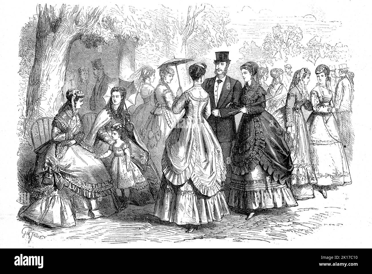 Die Sommermode im Jahr 1869 à Paris, Vornehme Leute beim Spaziergang am Sonntag Nachmittag, Frankreich / la mode d'été en 1869 à Paris, distingués personnes marchant le dimanche après-midi, France, Historisch, restauration numérique Reproduktion einer Originalvorlage aus dem 19. Jahrhundert, genaues Originaldatum nicht bekannt / historique, numérique reproduction améliorée d'un original du 19th siècle, Banque D'Images