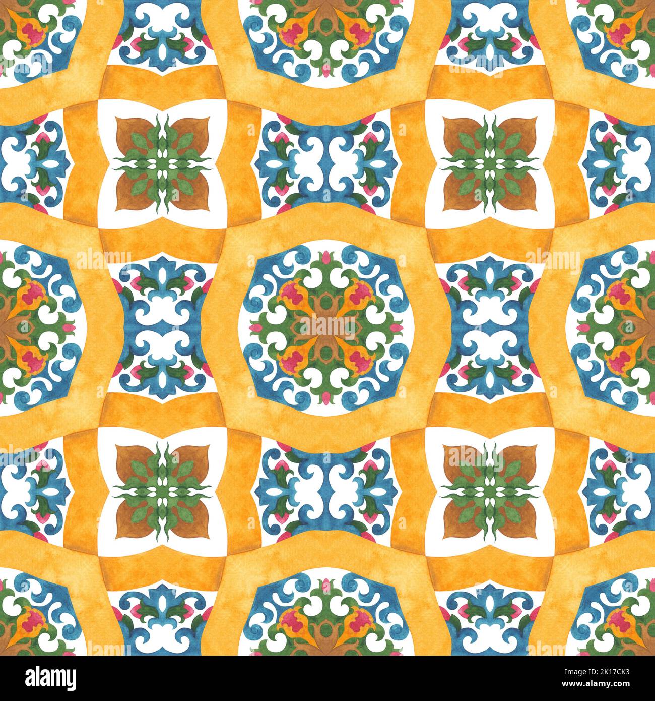 Décoration géométrique avec éléments floraux. Motif aquarelle sans couture sur fond blanc. Illustration pour tissus, couvertures, imprimés, décoration. Banque D'Images