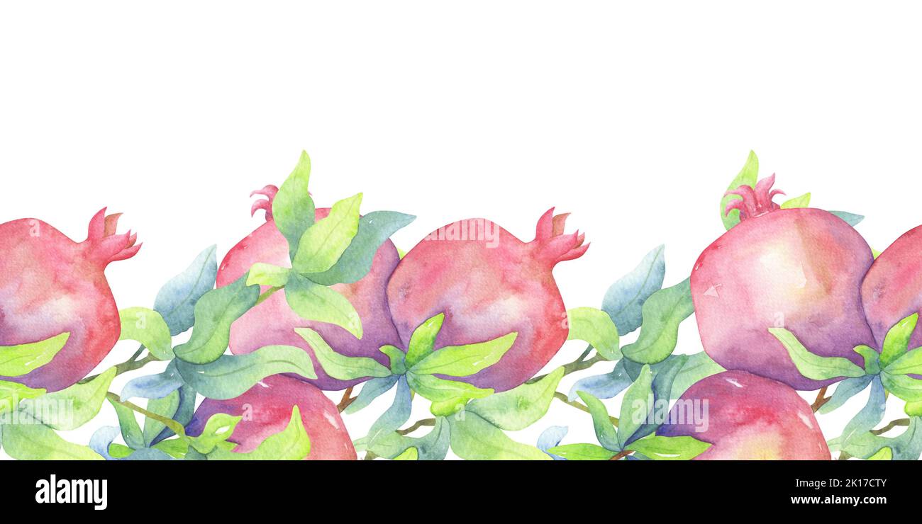 Bordure horizontale sans couture avec des grenades mûres et des feuilles vertes. Illustration botanique aquarelle isolée sur fond blanc. Pour la décoration des vêtements Banque D'Images
