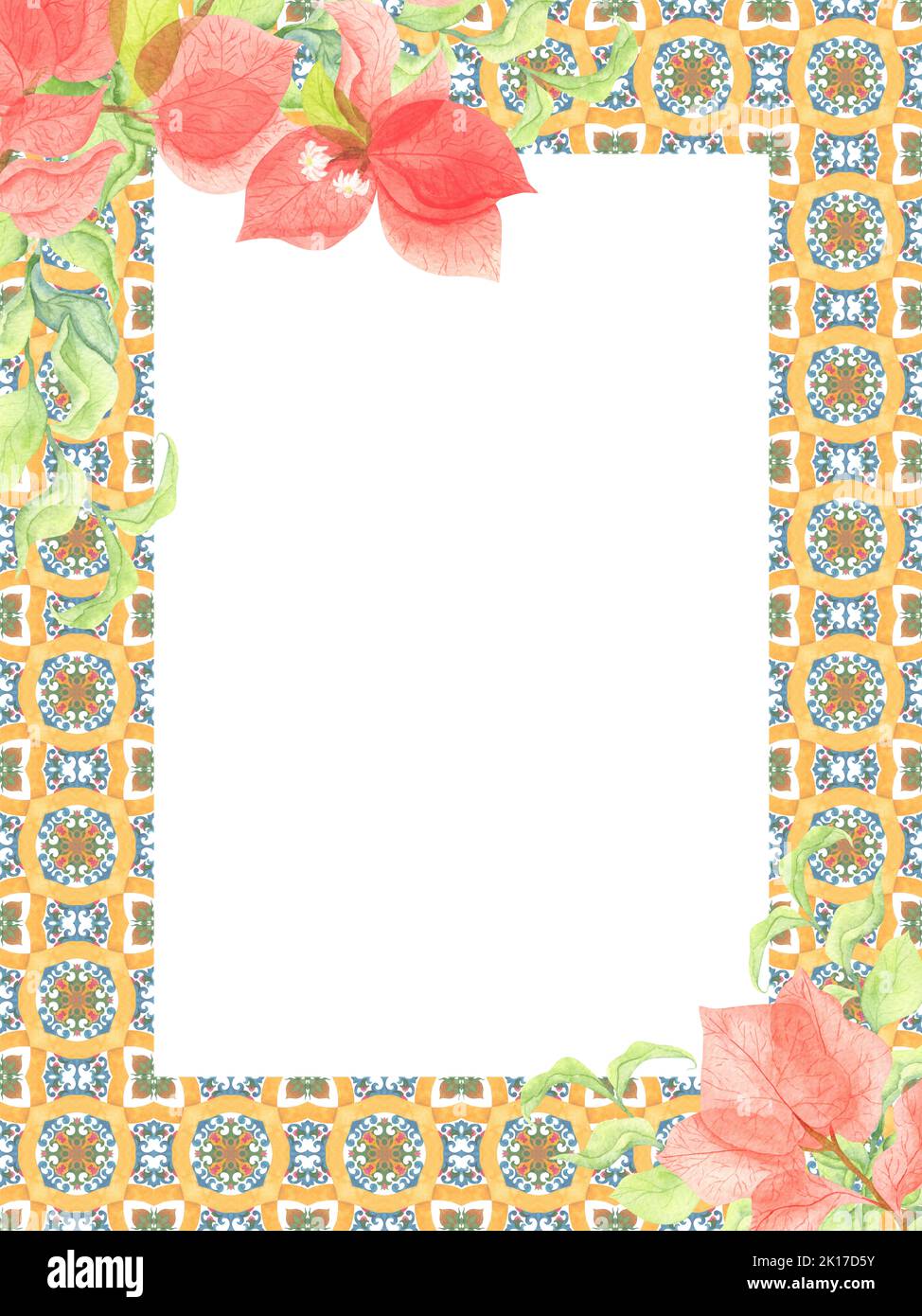 Cadre avec éléments de mosaïque entrelacés et bougainvilliers. Design lumineux des invitations et des cartes postales. Mise en plan aquarelle. Banque D'Images