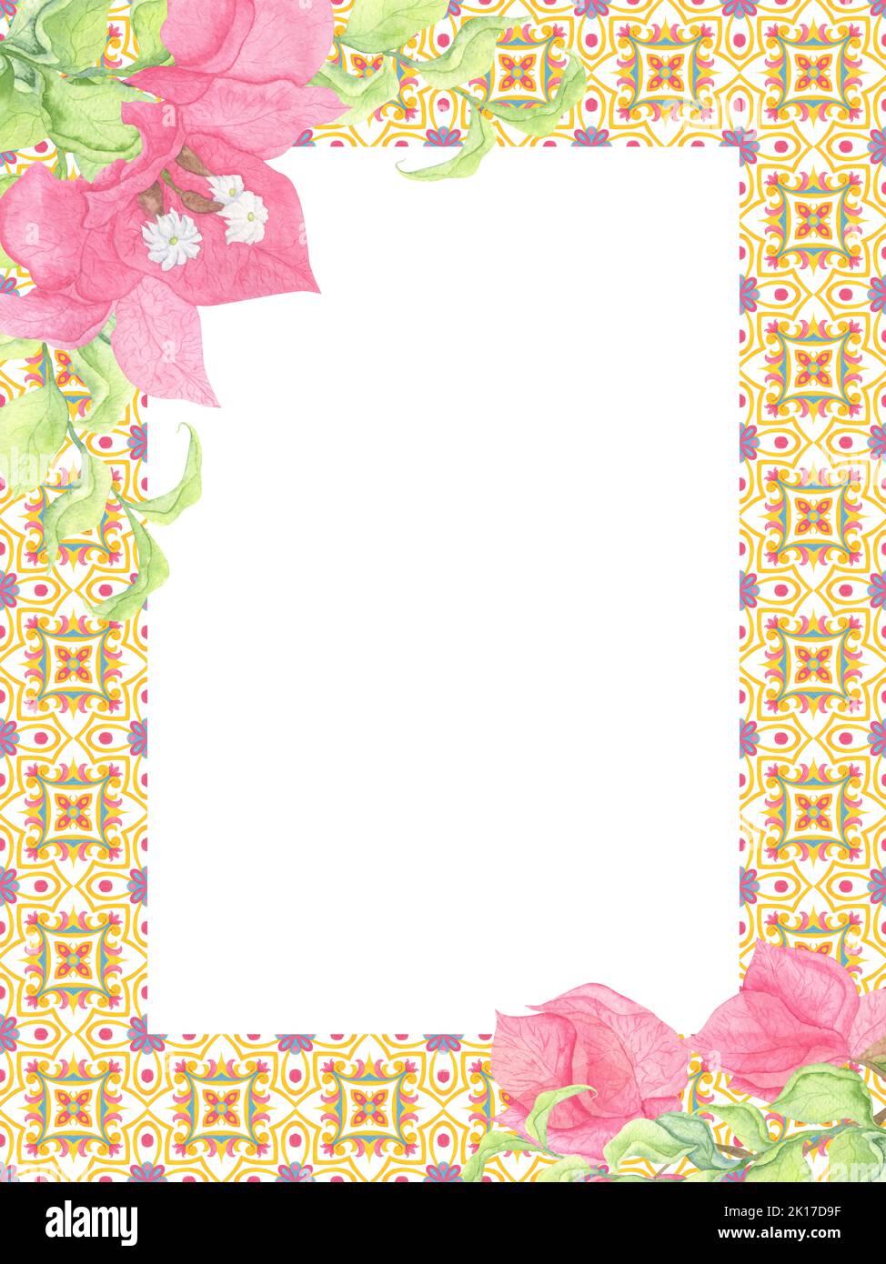 Carte de voeux avec éléments en mosaïque et fleurs de bougainvilliers. Dessin aquarelle sur fond blanc. Convient aux cartes postales, invitations, couvertures. Banque D'Images