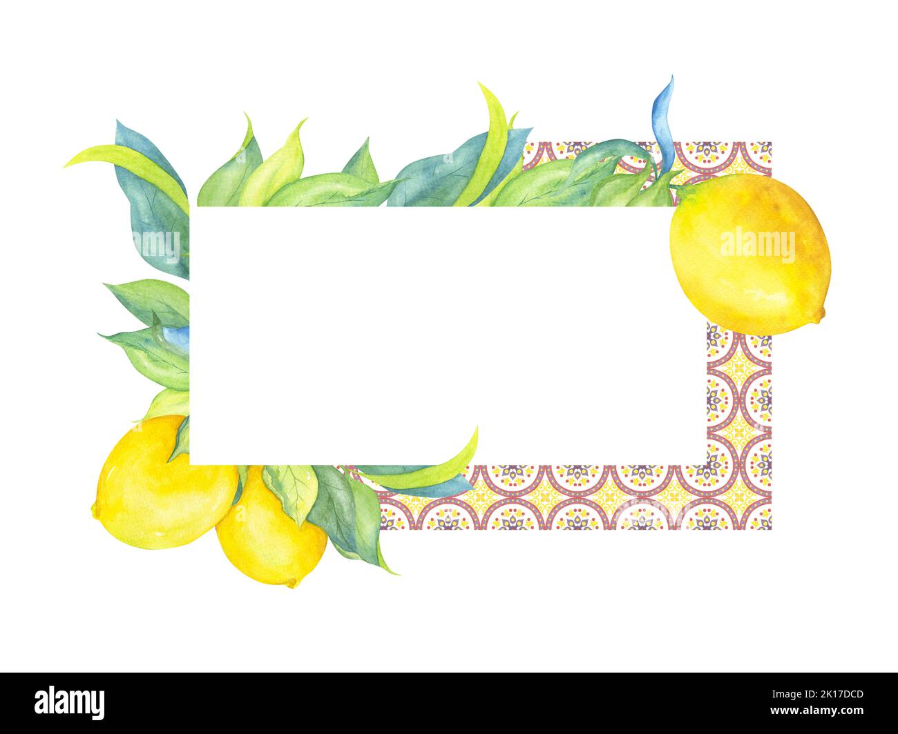 Cadre décoratif aquarelle avec citrons et mosaïques. Citruses jaunes avec feuilles vertes et cadre en mosaïque mauve. Pour cartes postales, invitations, livres, déc Banque D'Images