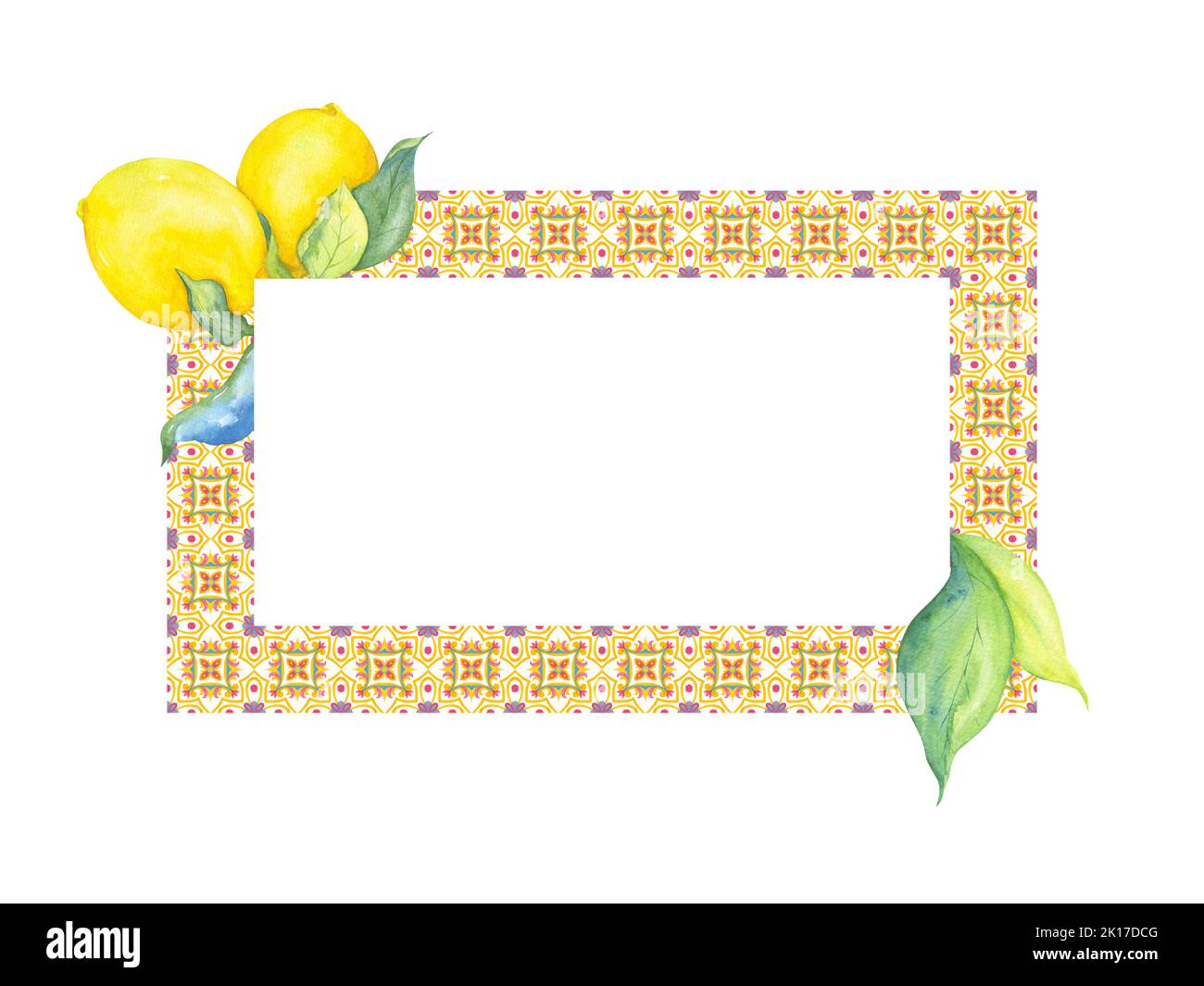 Cadre avec éléments en mosaïque et citrons. Design lumineux des invitations et des cartes postales. Mise en plan aquarelle. Banque D'Images