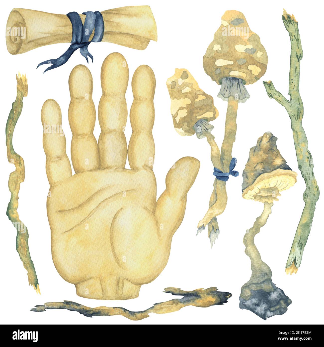 Un ensemble d'articles mystiques en beige. Illustrations magiques aquarelles pour créer des cartes, des dessins, des tirages. Banque D'Images