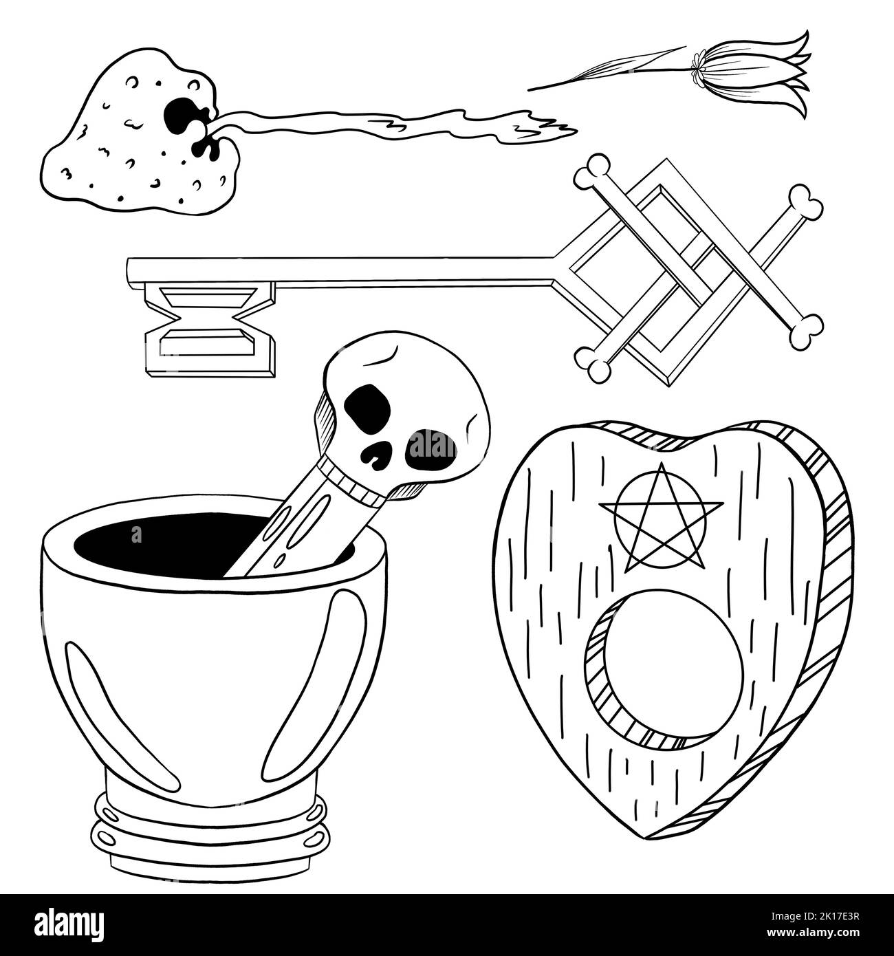 Set de sorcière: Mortier, fleur, clé, champignon, panneau Ouija. Éléments de style Doodle sur fond blanc. Pour l'impression sur tissus, la création de décors, cartes, Banque D'Images
