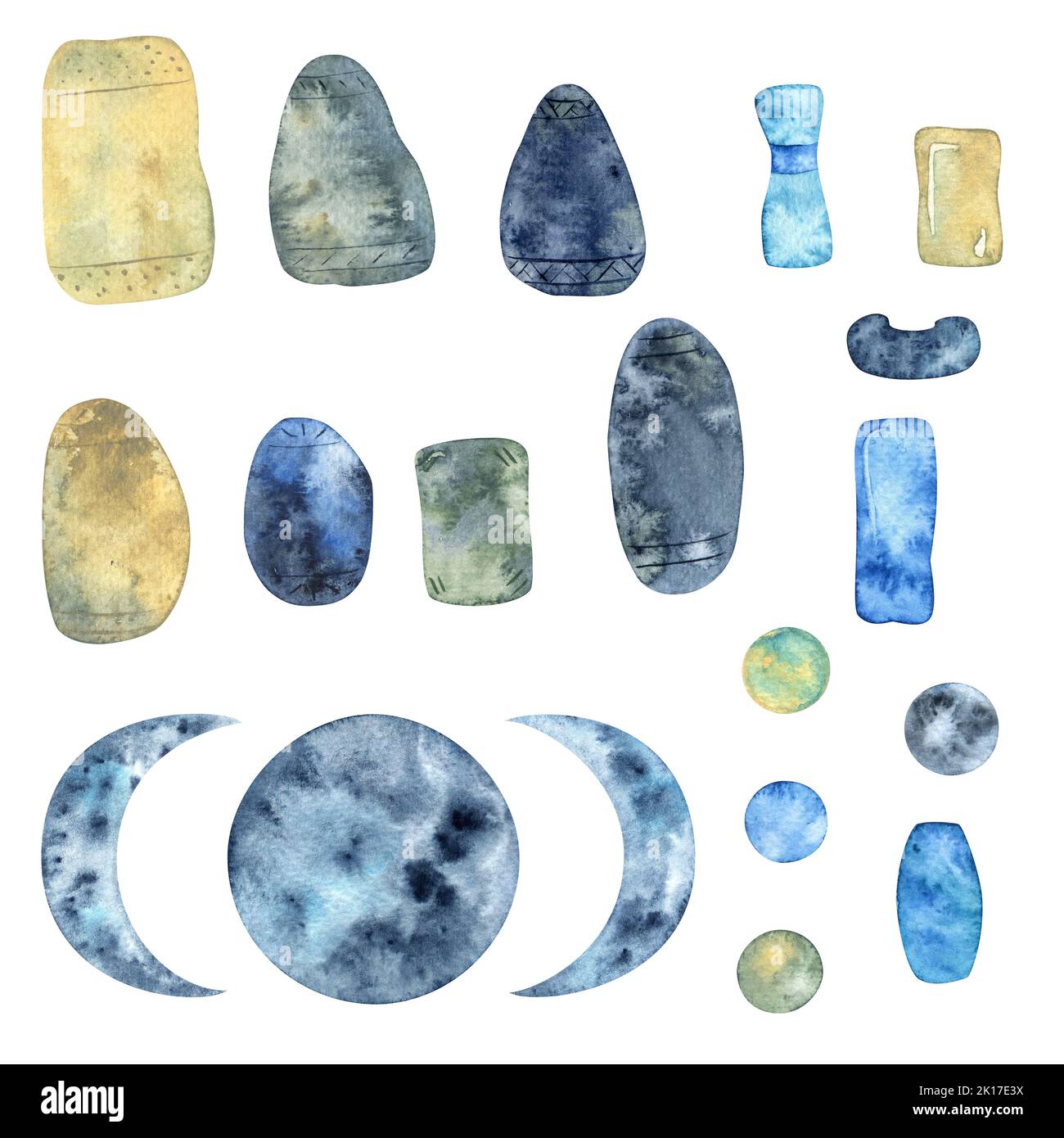 Éléments pour créer des cartes mystiques : les jalons, la lune, les perles. Aquarelles bleu, beige et indigo. Vous pouvez créer vos propres cartes uniques Banque D'Images