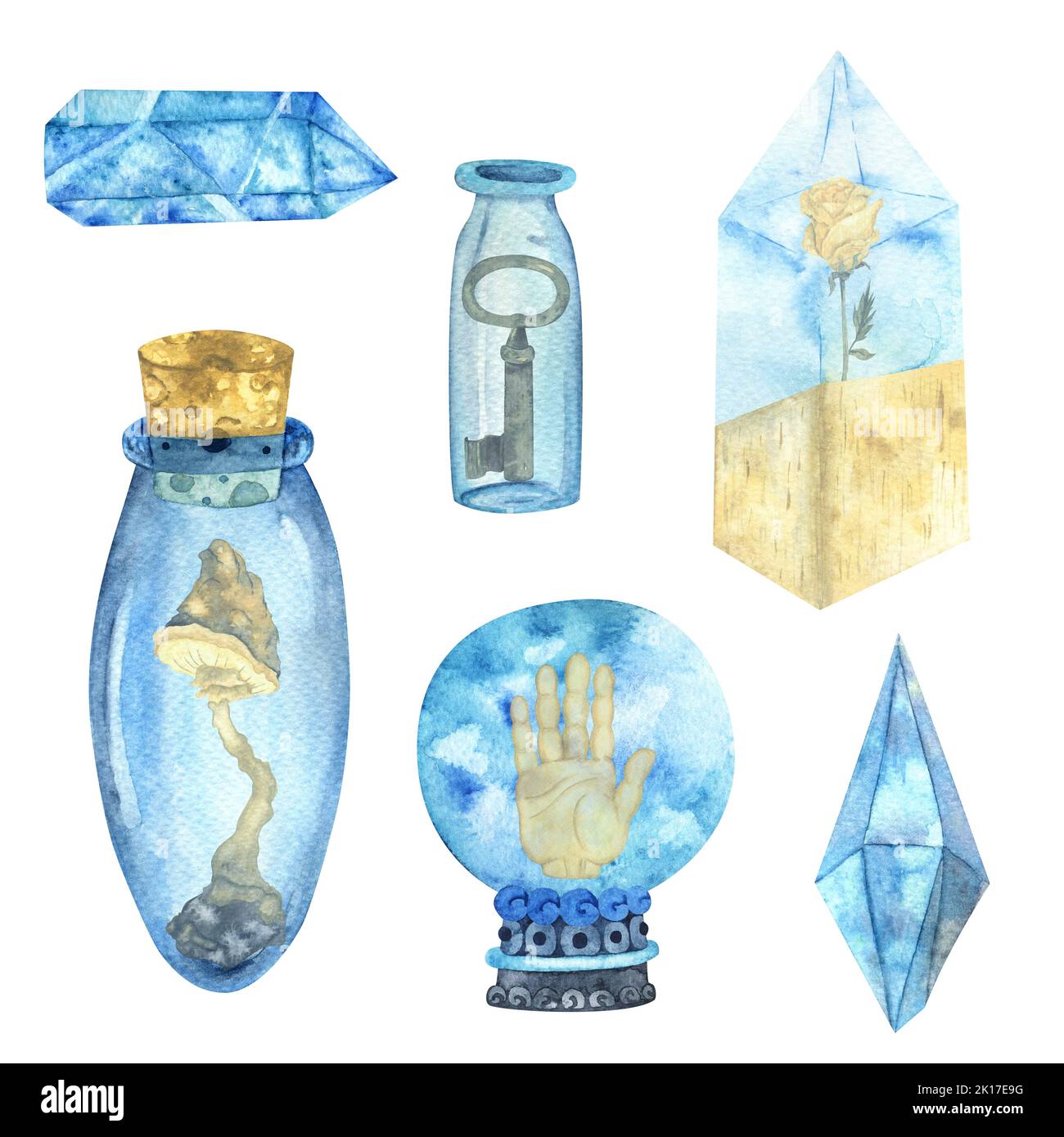 Un jeu de flacons et de cristaux en verre avec remplissage. Objets mystiques isolés pour halloween. Mise en plan aquarelle. Banque D'Images