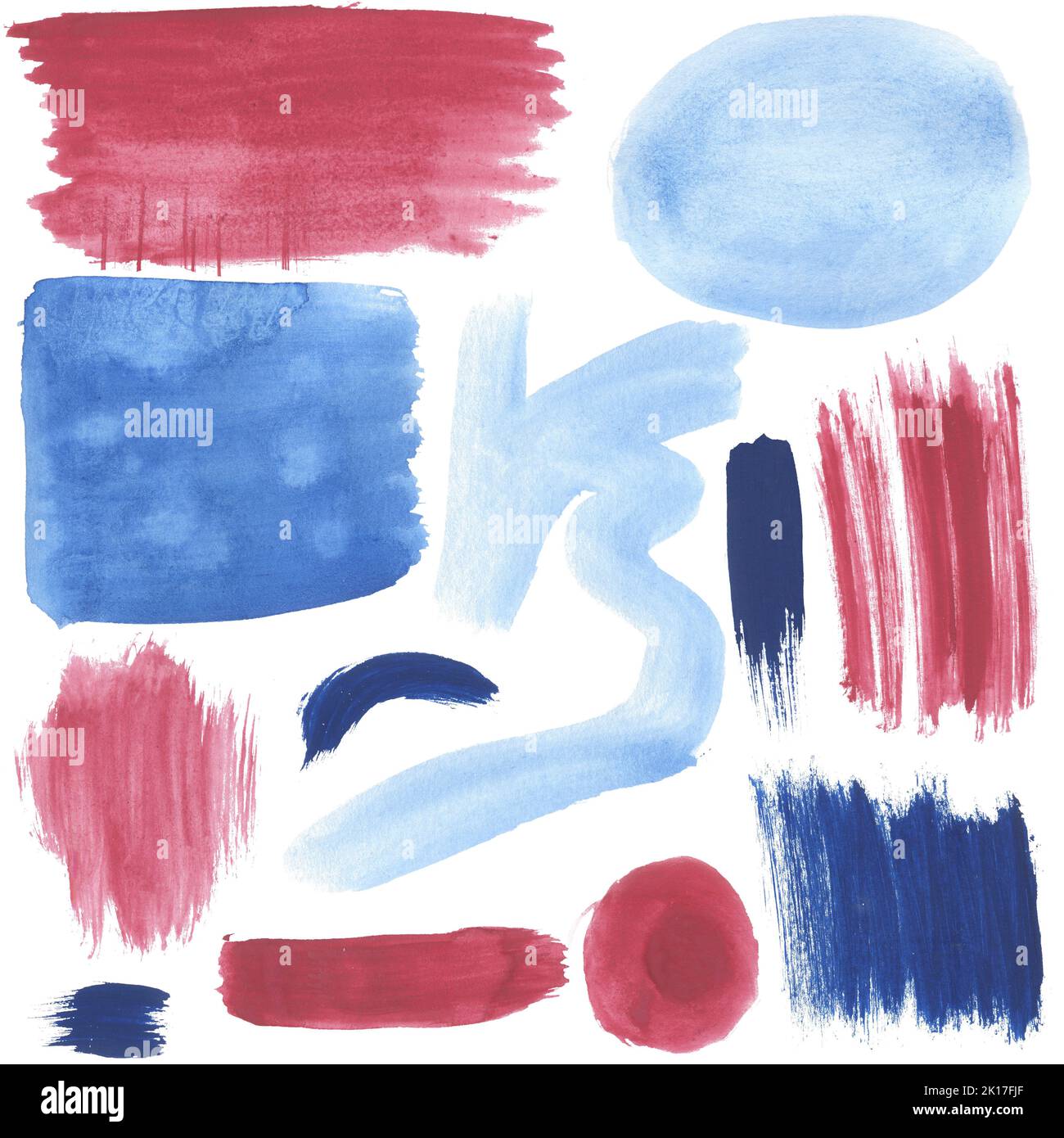 Taches abstraites aquarelle. Coups avec un pinceau sec, taches, peinture étaler. Défini avec des éléments bleus et rouges. Mises en plan pour la création de collages, d'impressions, Banque D'Images