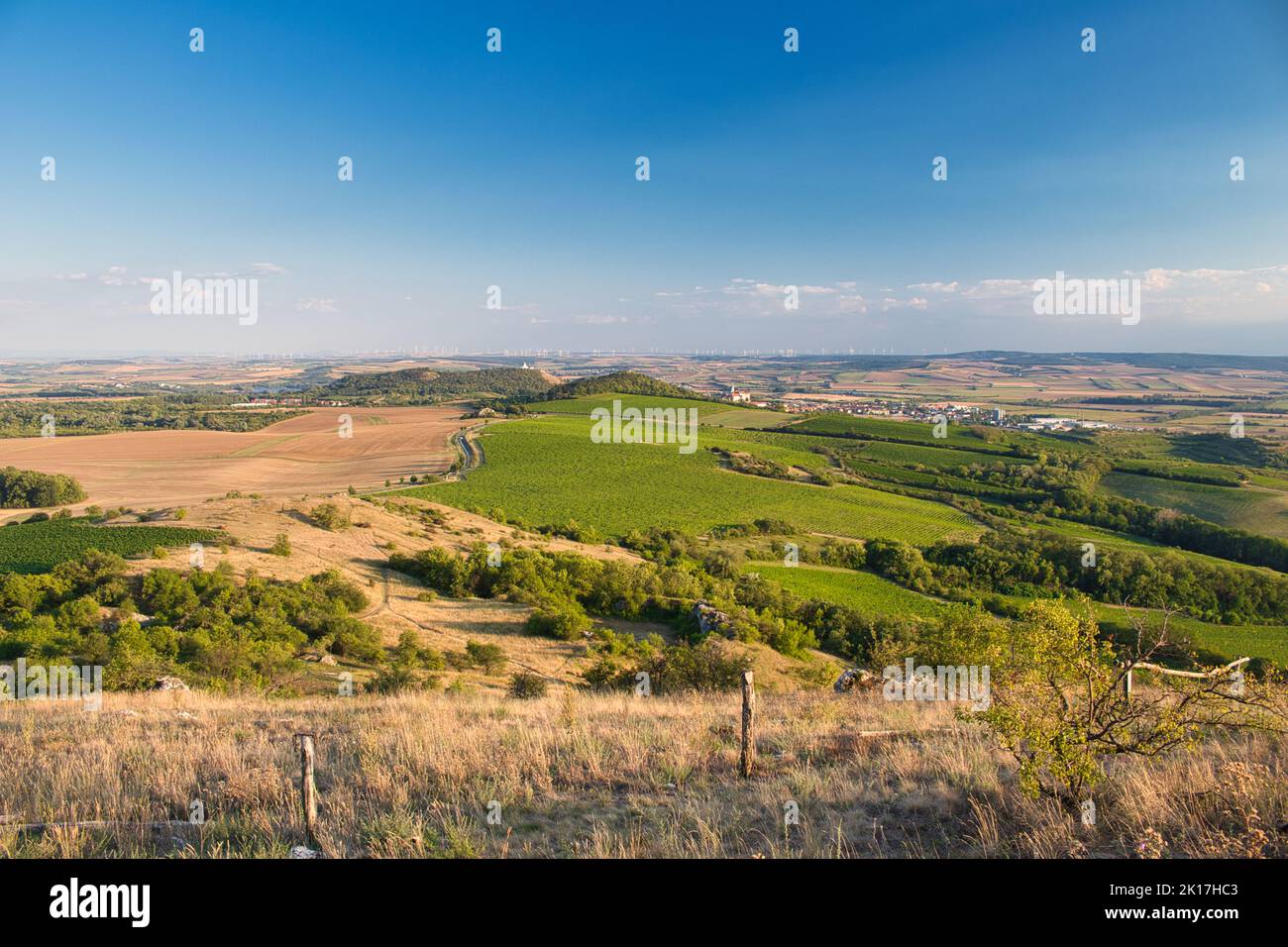Vue depuis la montagne de la Table jusqu'à la ville de Mikulov en Moravie. Palava. République tchèque. Banque D'Images Vue depuis la montagne de la Table jusqu'à la ville de Mikulov en Moravie. Palava. République tchèque. Banque D'Images