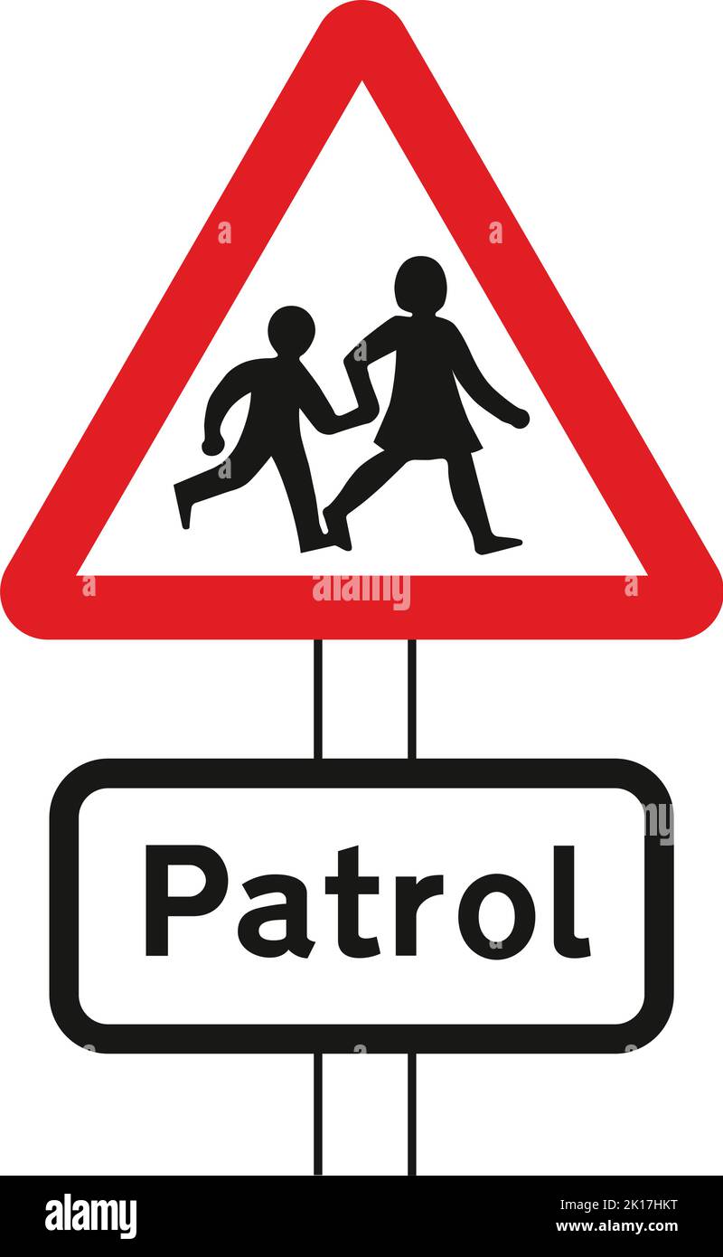 Patrouille à l'avant du passage à niveau de l'école (certains panneaux sont dotés de feux orange qui clignotent lorsque les passages à niveau sont en cours d'utilisation), du panneau de signalisation routière, des panneaux donnant des ordres, Illustration de Vecteur