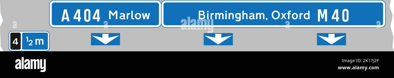 Le panneau avec la flèche inclinée indique les destinations qui peuvent être atteintes en quittant l'autoroute à l'intersection suivante, le code de l'autoroute Traff Illustration de Vecteur