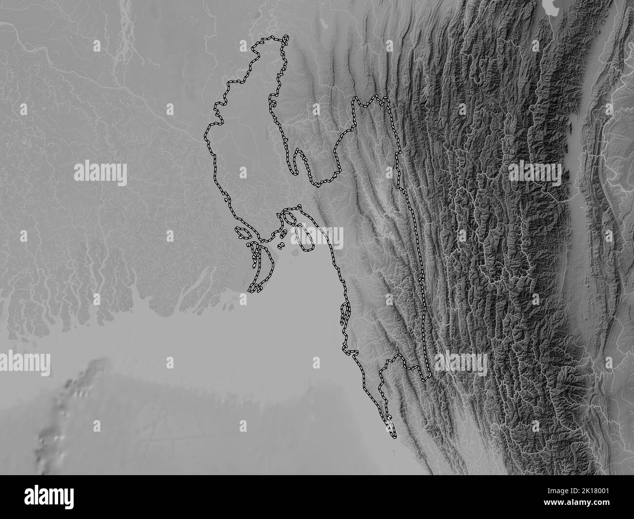 Chittagong, division du Bangladesh. Carte d'altitude en niveaux de gris avec lacs et rivières Banque D'Images