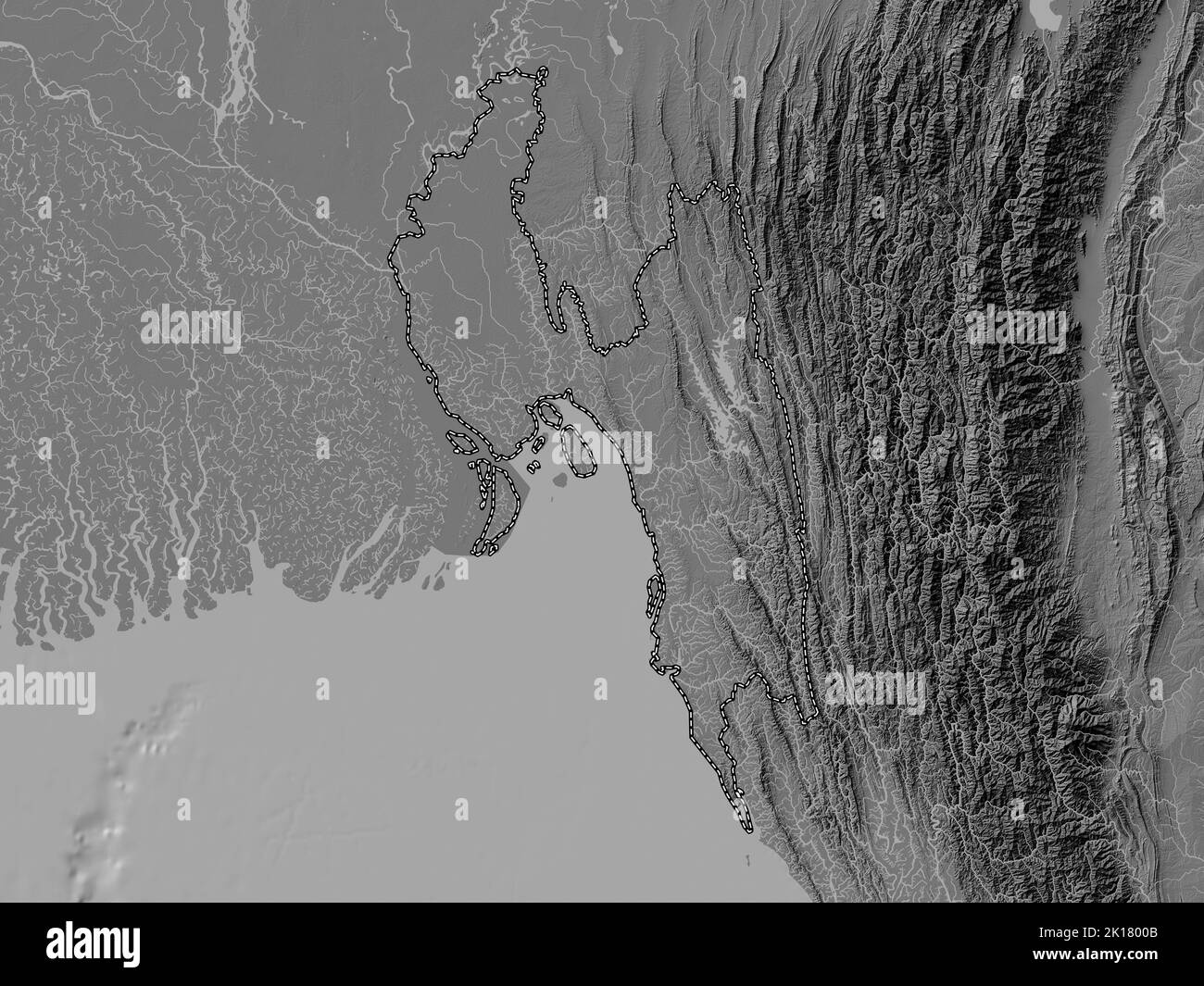 Chittagong, division du Bangladesh. Carte d'altitude à deux niveaux avec lacs et rivières Banque D'Images