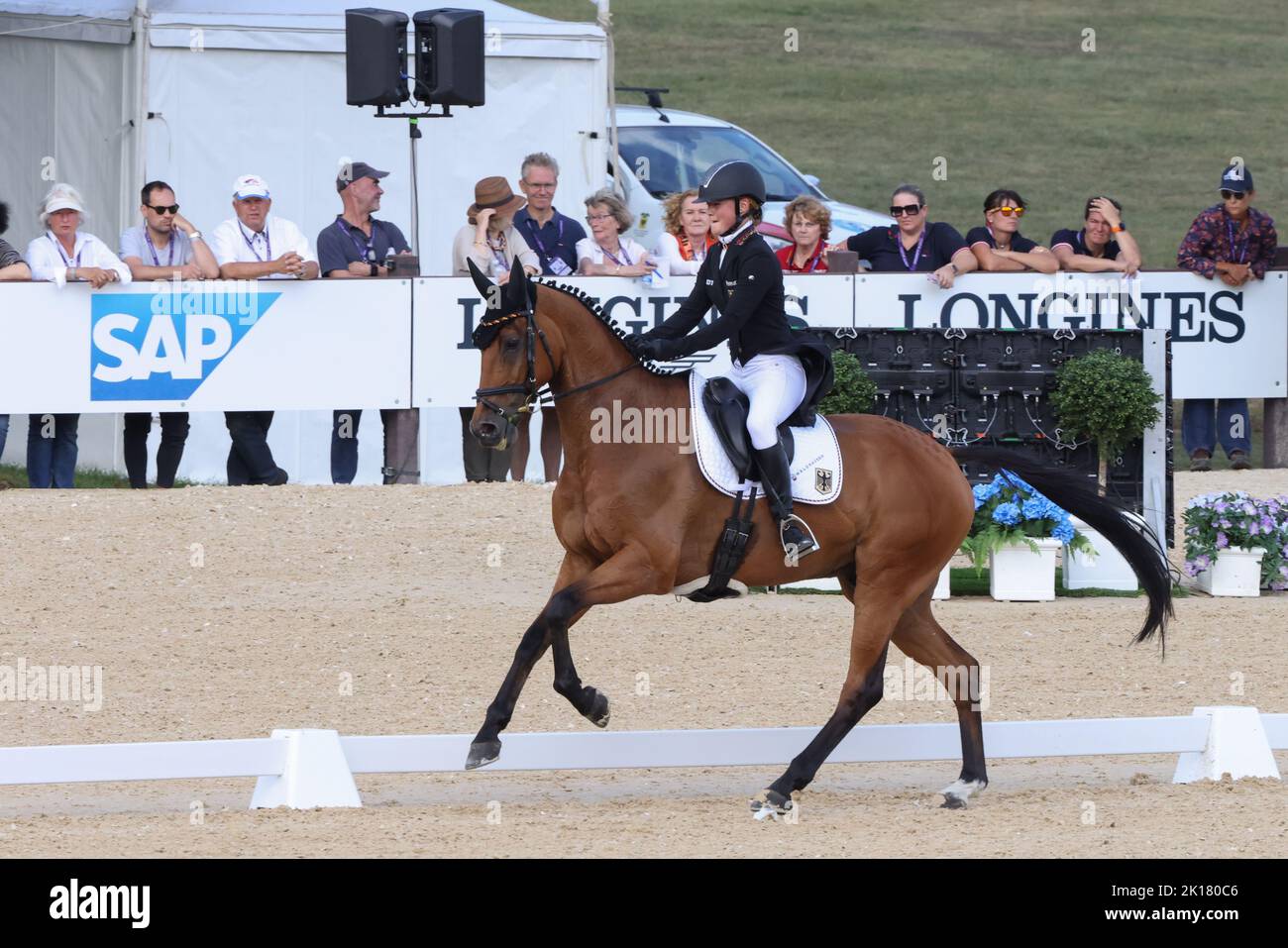 Rocca Di Papa, Italie. 16th septembre 2022. Sport équestre: Championnat du monde, Evesting, dressage. Le pilote Alina Dibowski (Allemagne) fait des promenades à la Barbade 26. L'événement a lieu sur le plateau Pratoni del Vivaro. Credit: Friso Gentsch/dpa/Alay Live News Banque D'Images