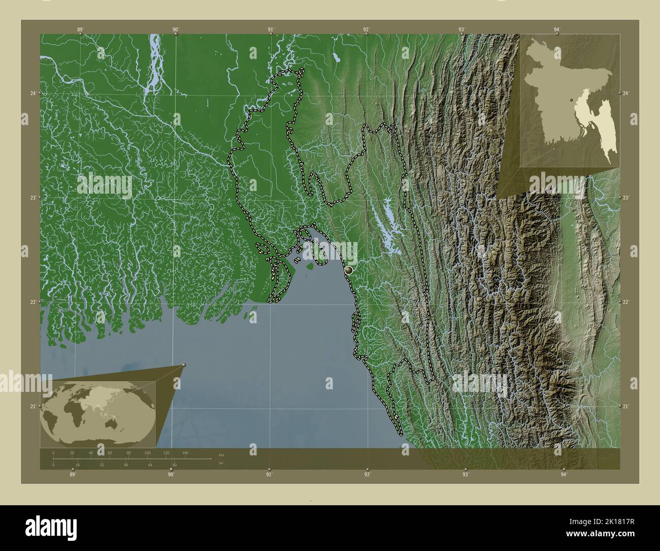 Chittagong, division du Bangladesh. Carte d'altitude colorée en style wiki avec lacs et rivières. Cartes d'emplacement auxiliaire d'angle Banque D'Images