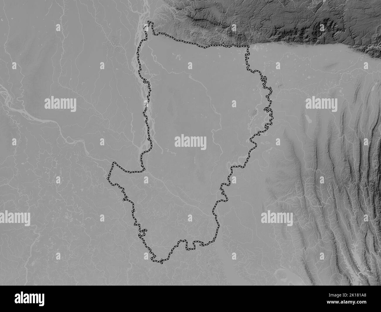 Dhaka, division du Bangladesh. Carte d'altitude en niveaux de gris avec lacs et rivières Banque D'Images