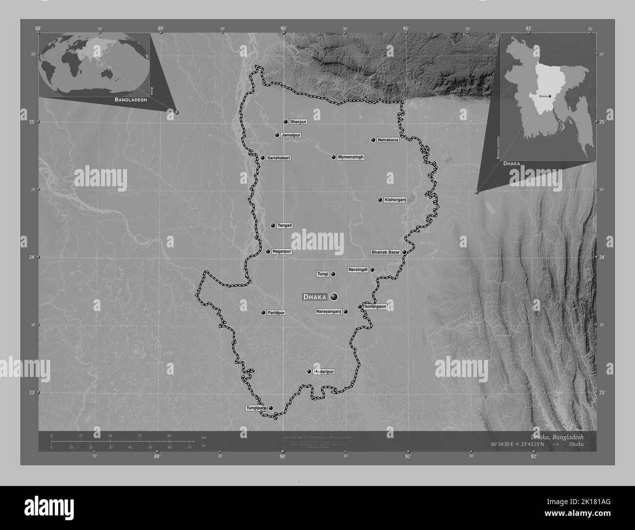 Dhaka, division du Bangladesh. Carte d'altitude en niveaux de gris avec lacs et rivières. Lieux et noms des principales villes de la région. Emplacement auxiliaire du coin Banque D'Images