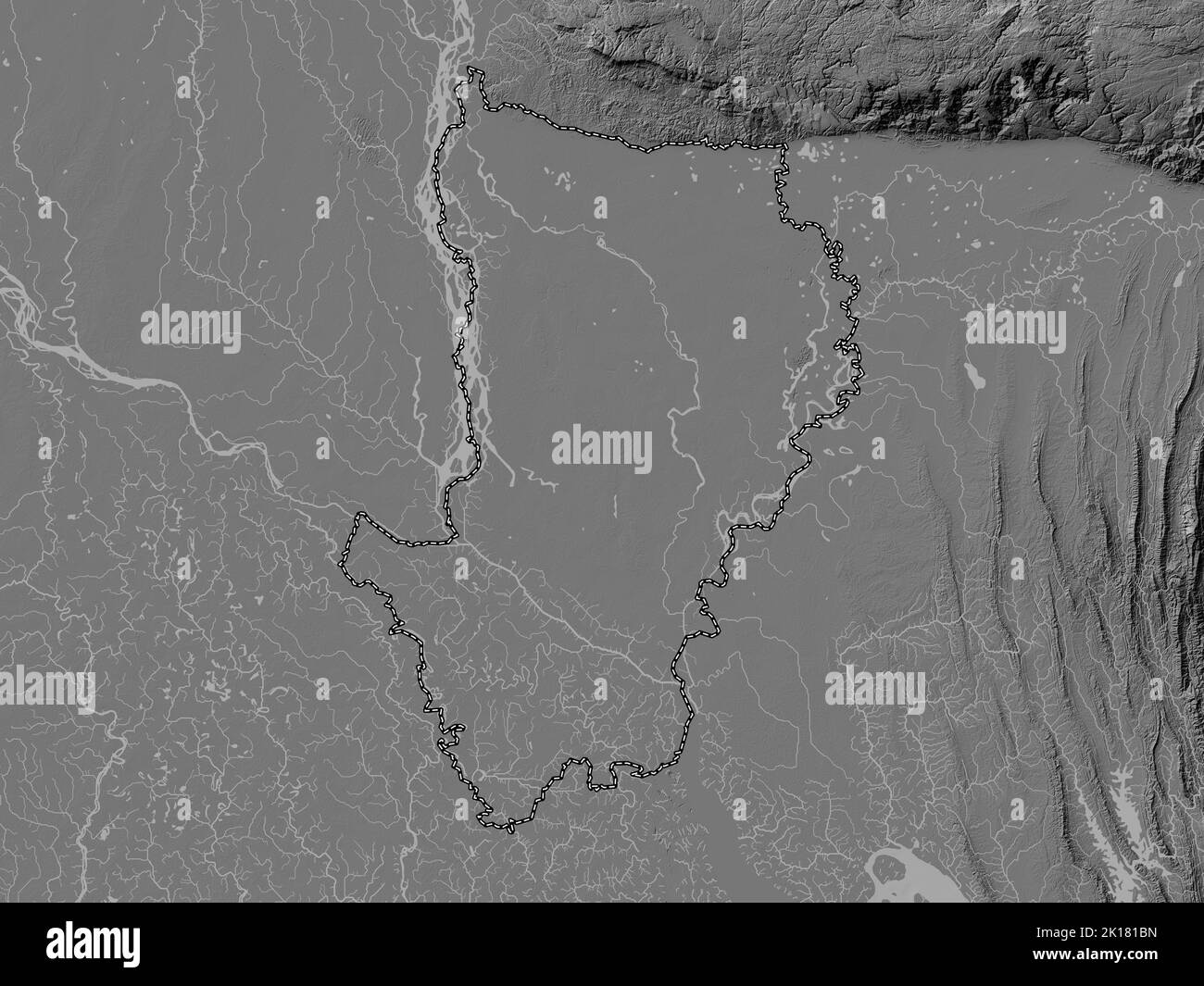 Dhaka, division du Bangladesh. Carte d'altitude à deux niveaux avec lacs et rivières Banque D'Images