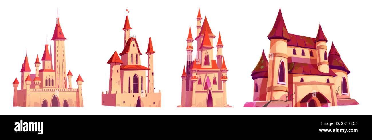 Châteaux médiévaux, palais avec tourelles, drapeaux, fenêtres voûtées et portes. Fantaisie magique, princesse ou fée forteresse royale, ancienne architecture isolat Illustration de Vecteur
