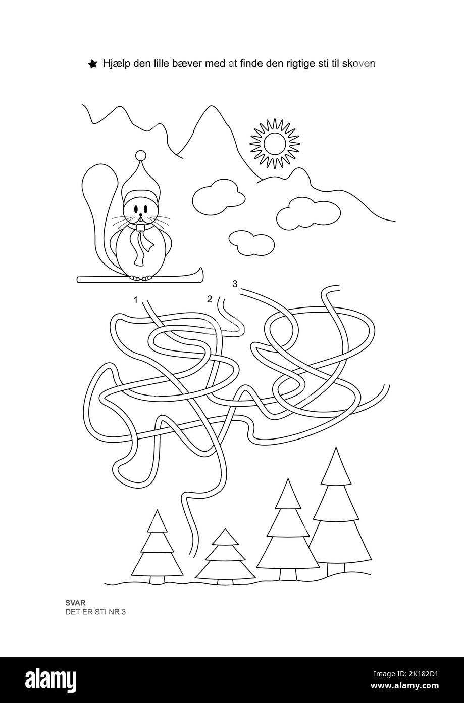 Le jeu de labyrinthe. Thème de Noël. Aidez le petit castor à trouver le bon chemin. Jeu et coloriage. Illustration vectorielle. Langue danoise. Illustration de Vecteur