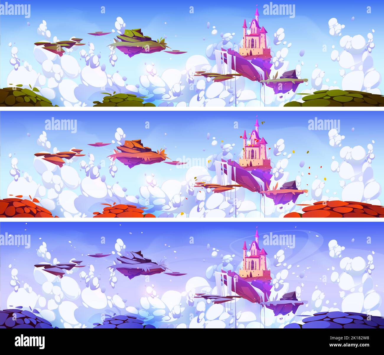 Château magique rose sur des îles flottantes dans le ciel avec des nuages moelleux panoramique. Paysages fantastiques d'été et d'automne avec palais royal et groun volant Illustration de Vecteur