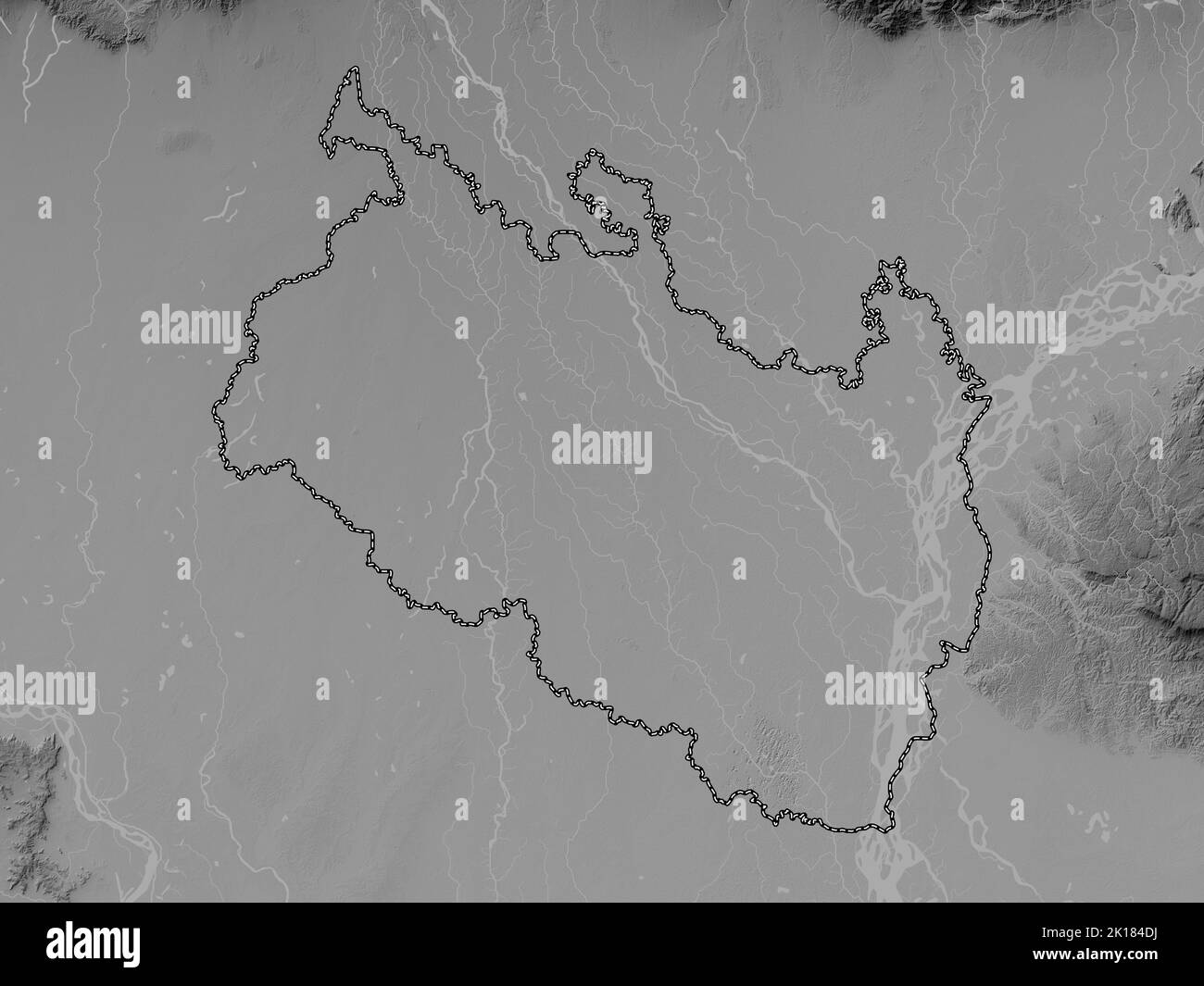 Rangpur, division du Bangladesh. Carte d'altitude en niveaux de gris avec lacs et rivières Banque D'Images