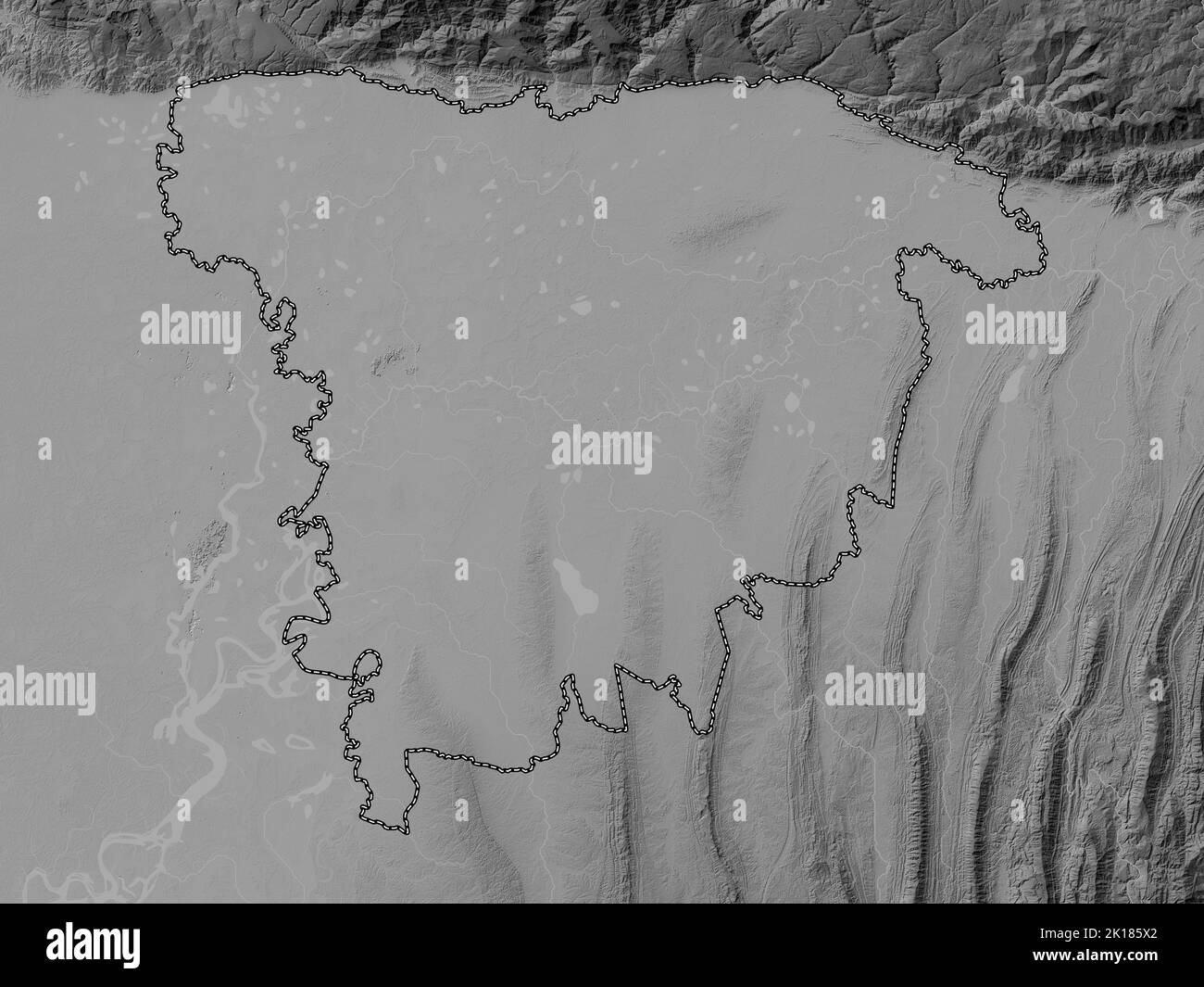 Sylhet, division du Bangladesh. Carte d'altitude en niveaux de gris avec lacs et rivières Banque D'Images