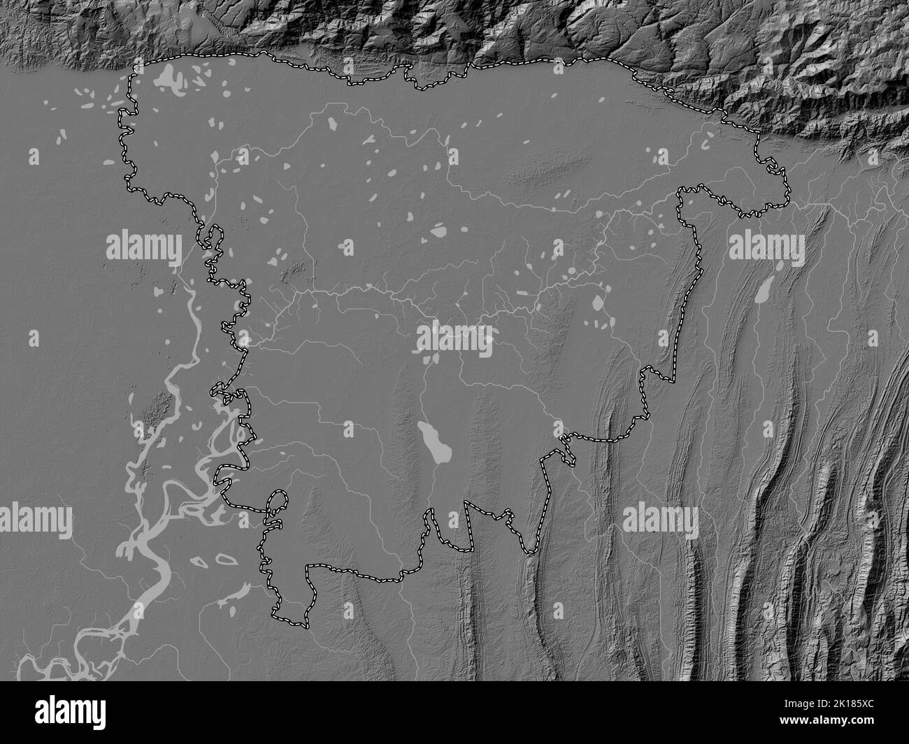 Sylhet, division du Bangladesh. Carte d'altitude à deux niveaux avec lacs et rivières Banque D'Images