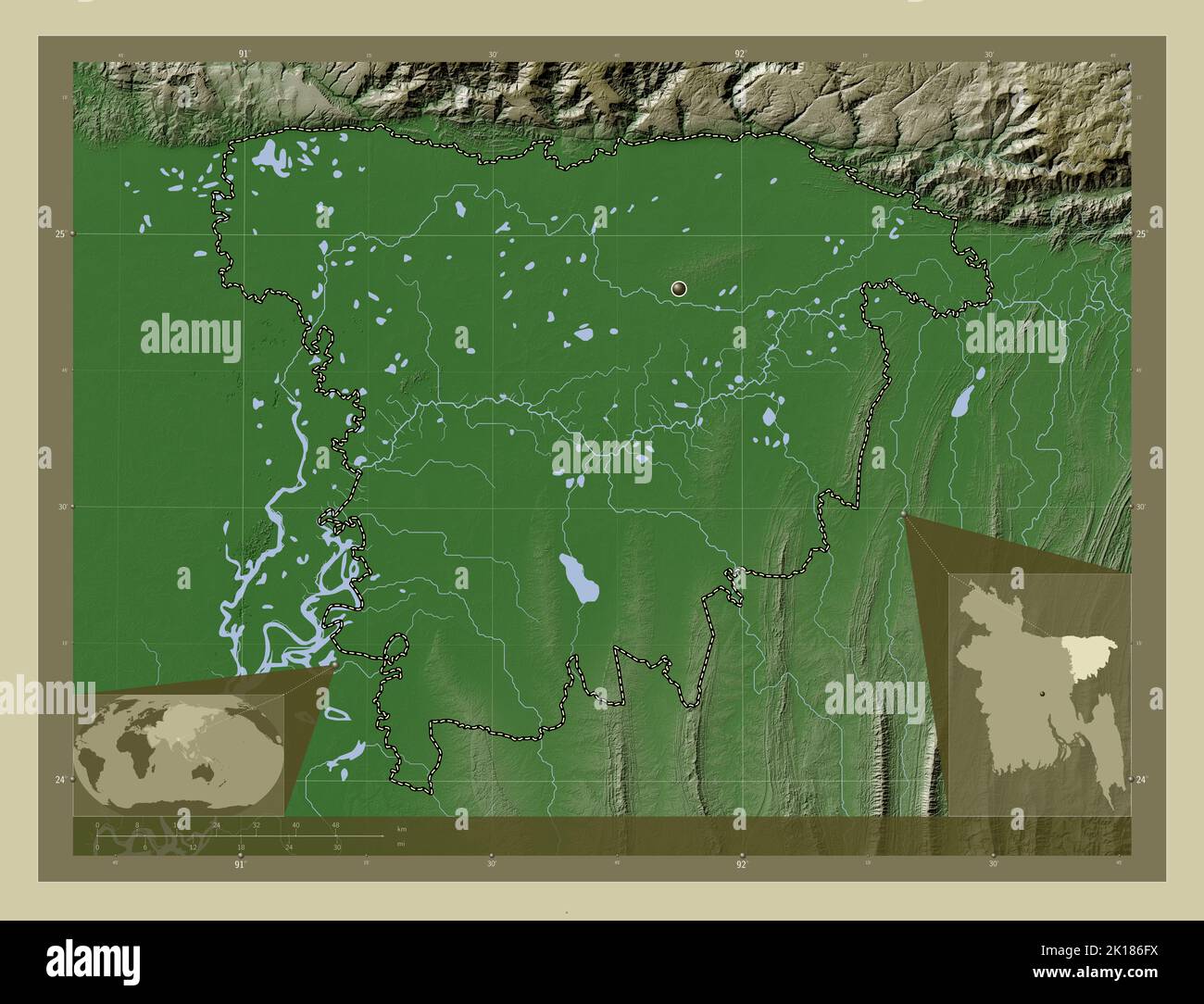 Sylhet, division du Bangladesh. Carte d'altitude colorée en style wiki avec lacs et rivières. Cartes d'emplacement auxiliaire d'angle Banque D'Images