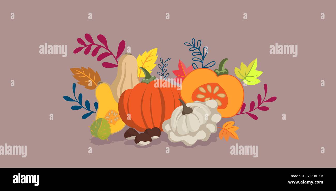 Feuilles et légumes d'automne Doodle fond - plate design bannière couleurs vives - motif floral saisons thème Banque D'Images